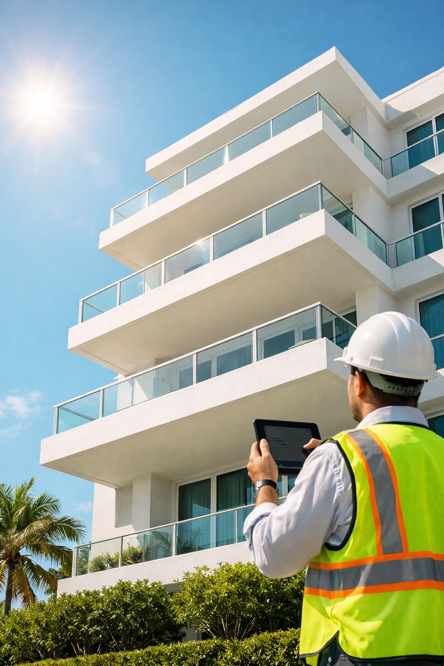 Inspector performing a 40 year building recertification on a South Florida multi-story residential building.
