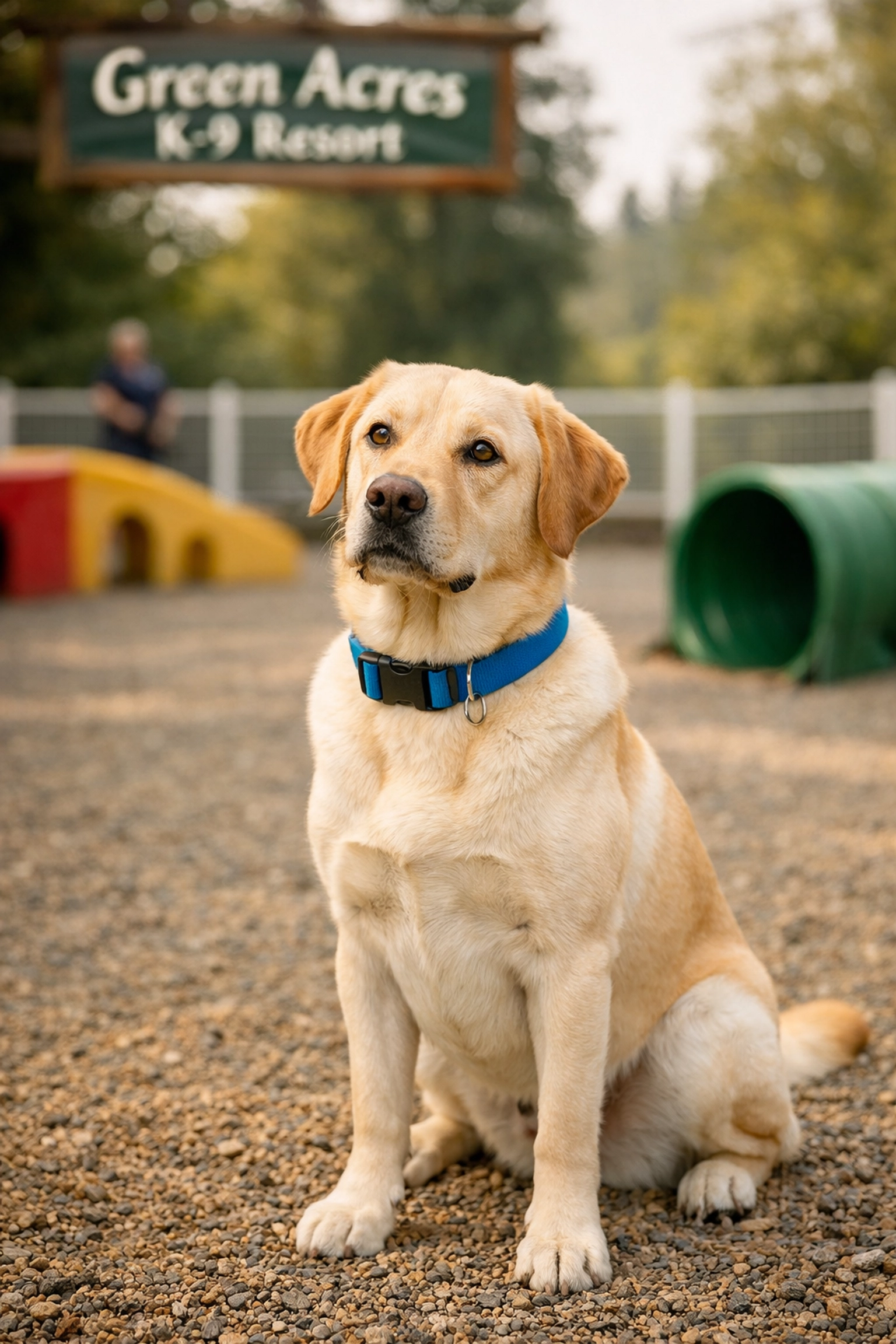Yellow Labrador at Green Acres K-9 Resort showing calm body language during dog socialization in Boring, Oregon.