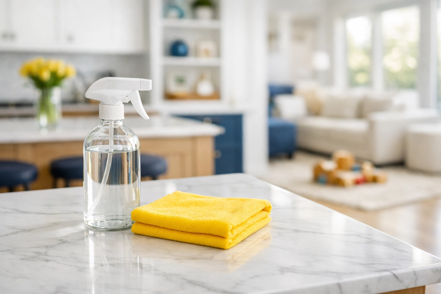 Eco-friendly house cleaning in Medfield using safe non-toxic products in a modern white kitchen.