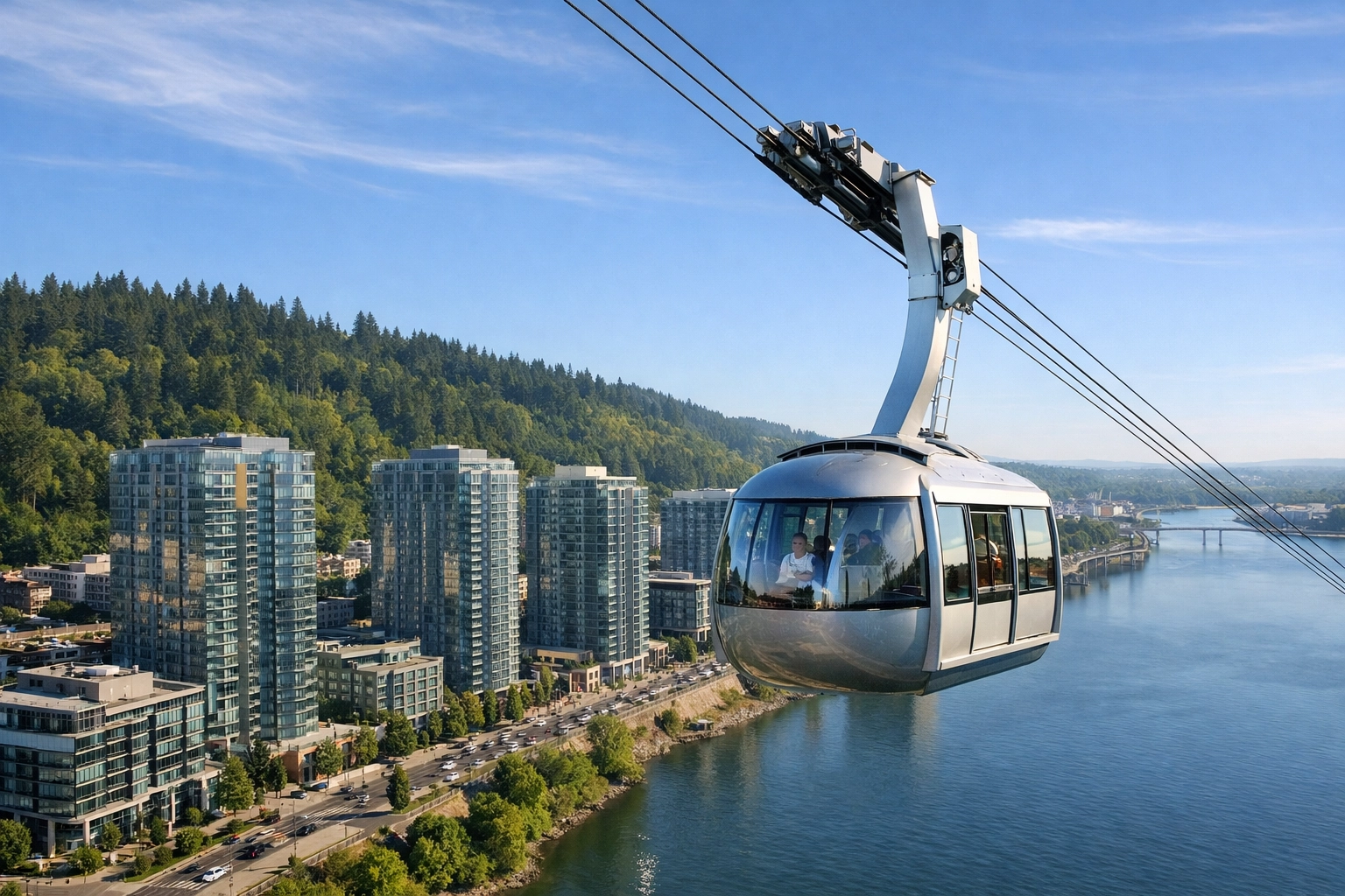 Portland Aerial Tram ascending from South Waterfront toward Marquam Hill with glass condo towers and the Willamette River in the background