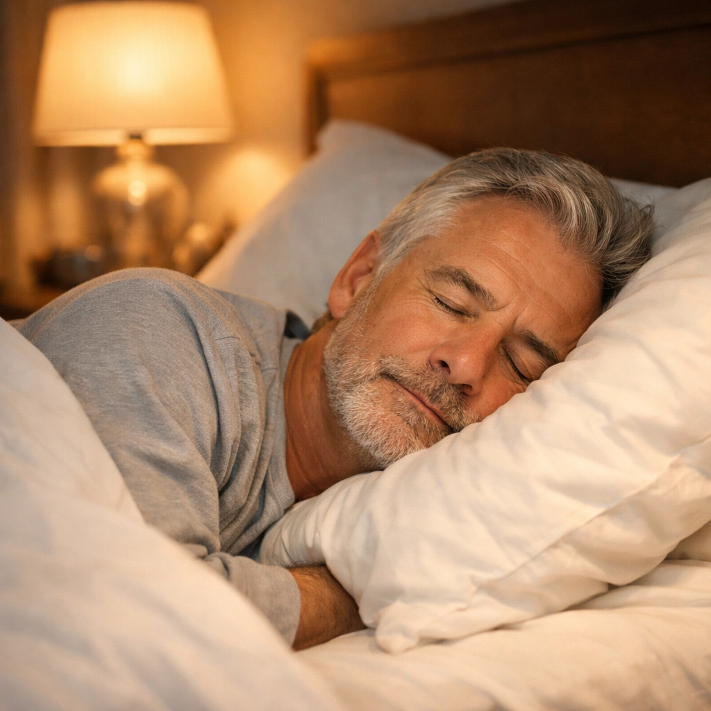A retired man sleeping peacefully thanks to a safe money plan protecting his 401k from market volatility.