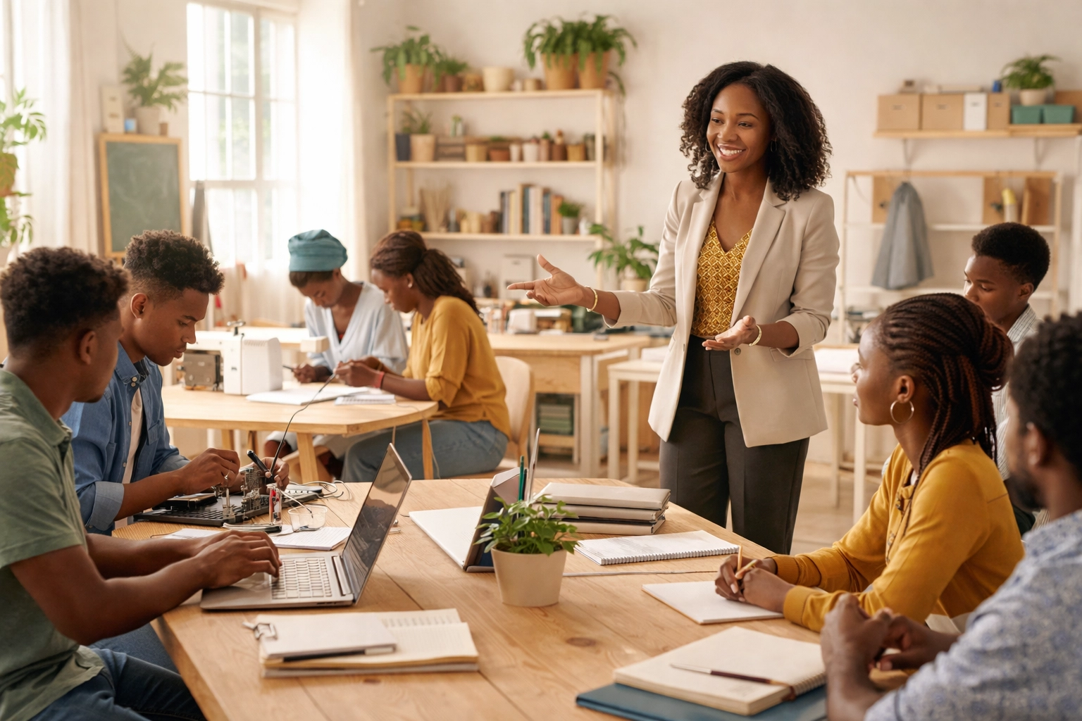 Young adults participating in a skill-building workshop at a bright business center in Ghana