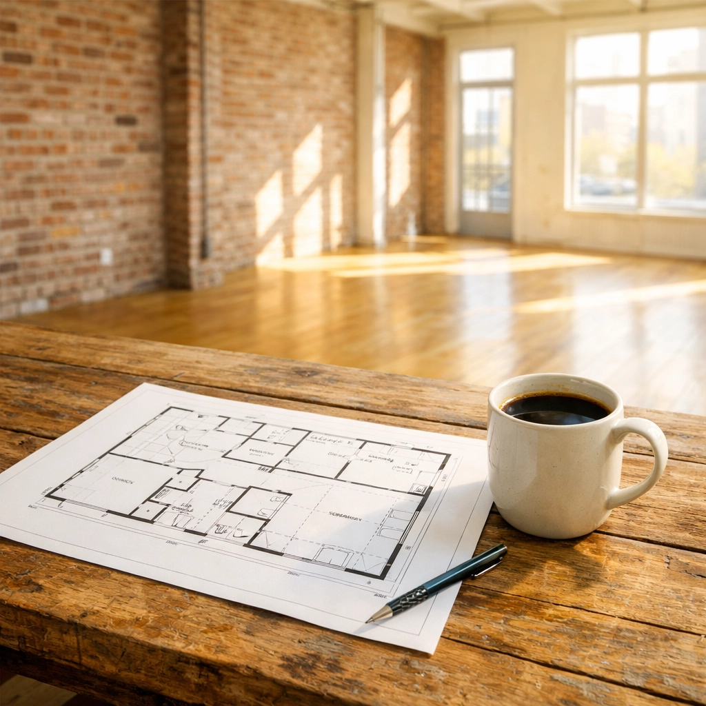 Architectural floor plans and coffee on a table, planning a new coffee shop set up.