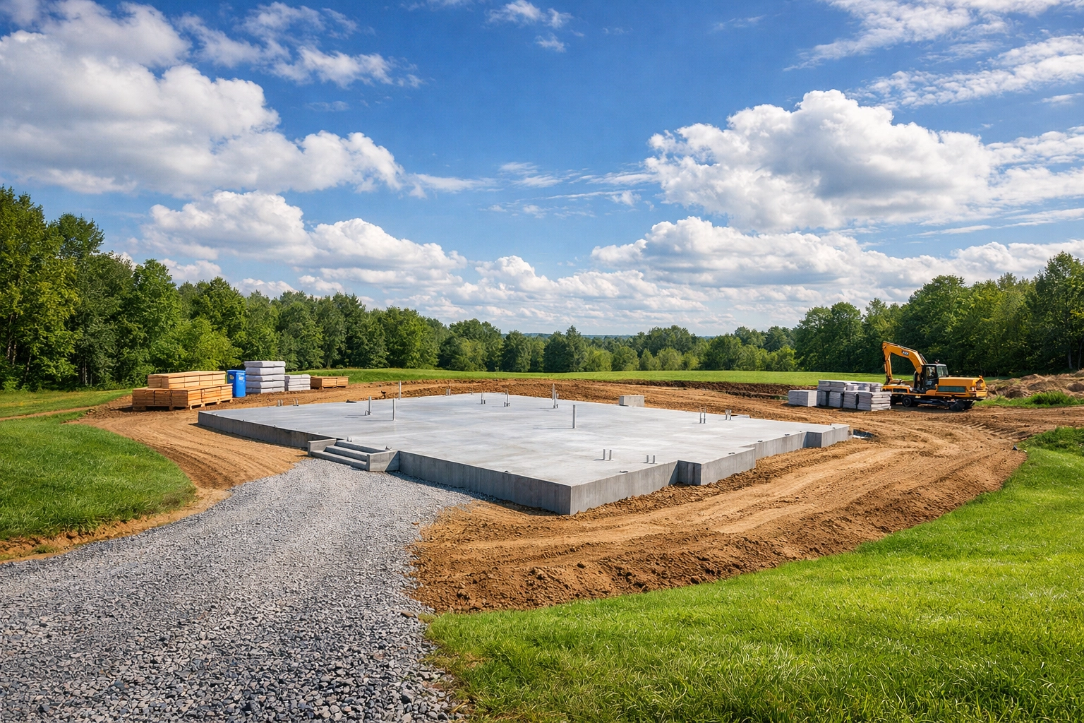 A professionally graded residential building site in Michigan with a foundation and proper drainage layout.