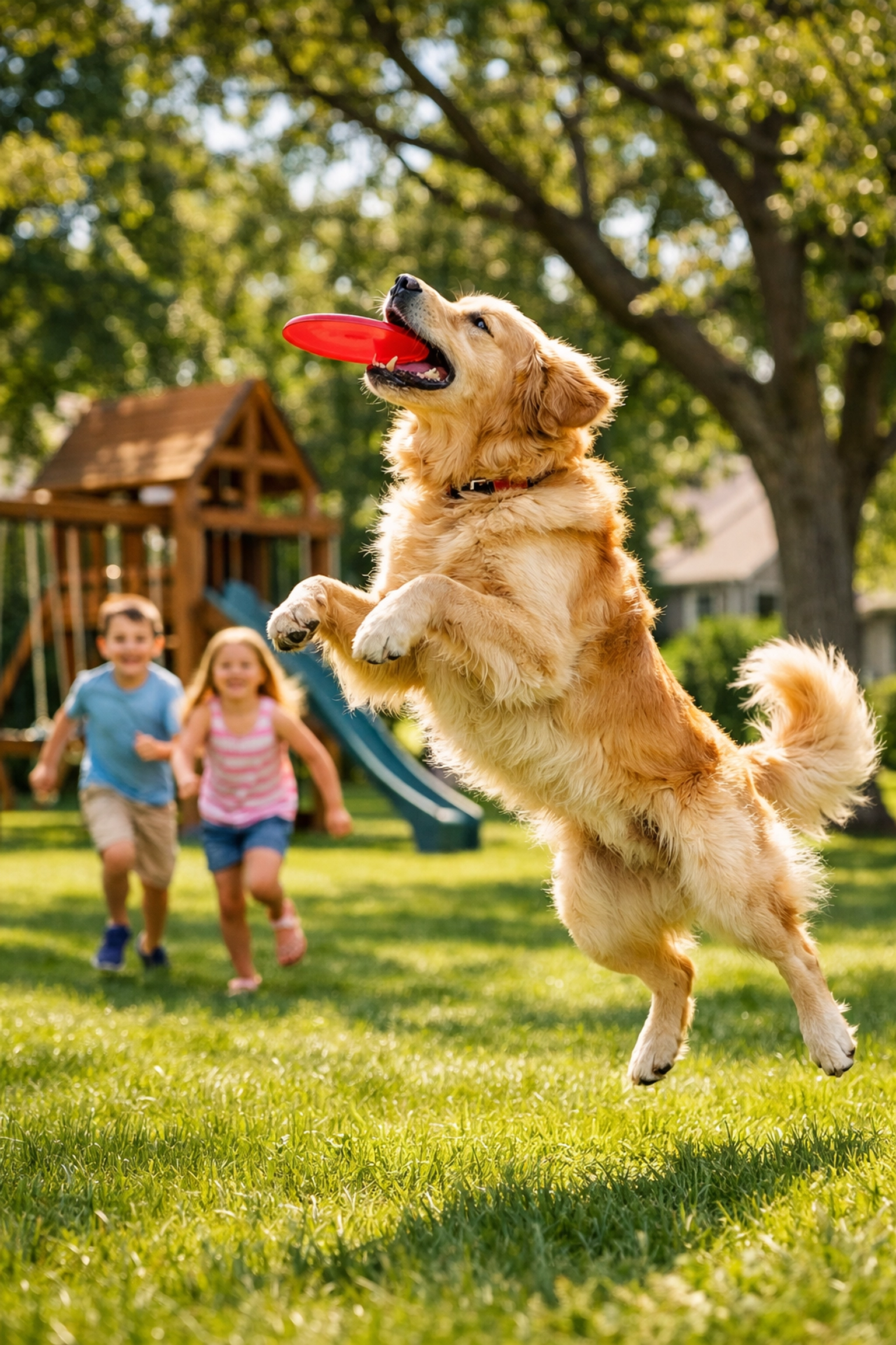 Golden Retriever playing in a lush Lee's Summit backyard near children on a wooden swing set.