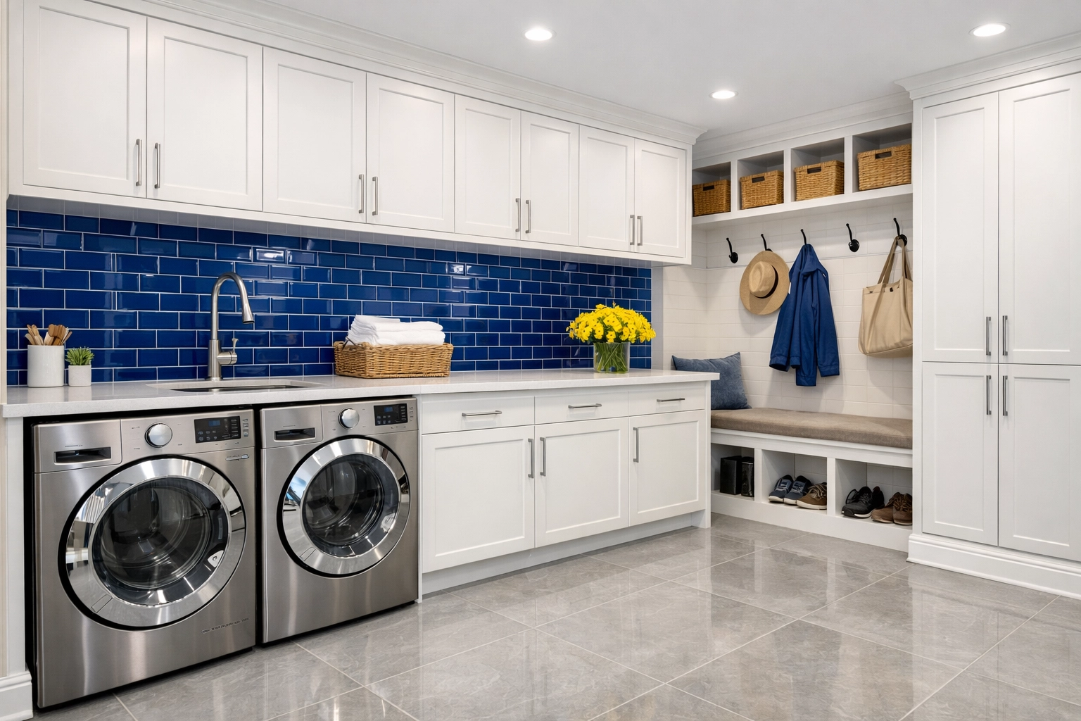 Organized mudroom with clean baseboards and tiles following a professional house cleaning service.