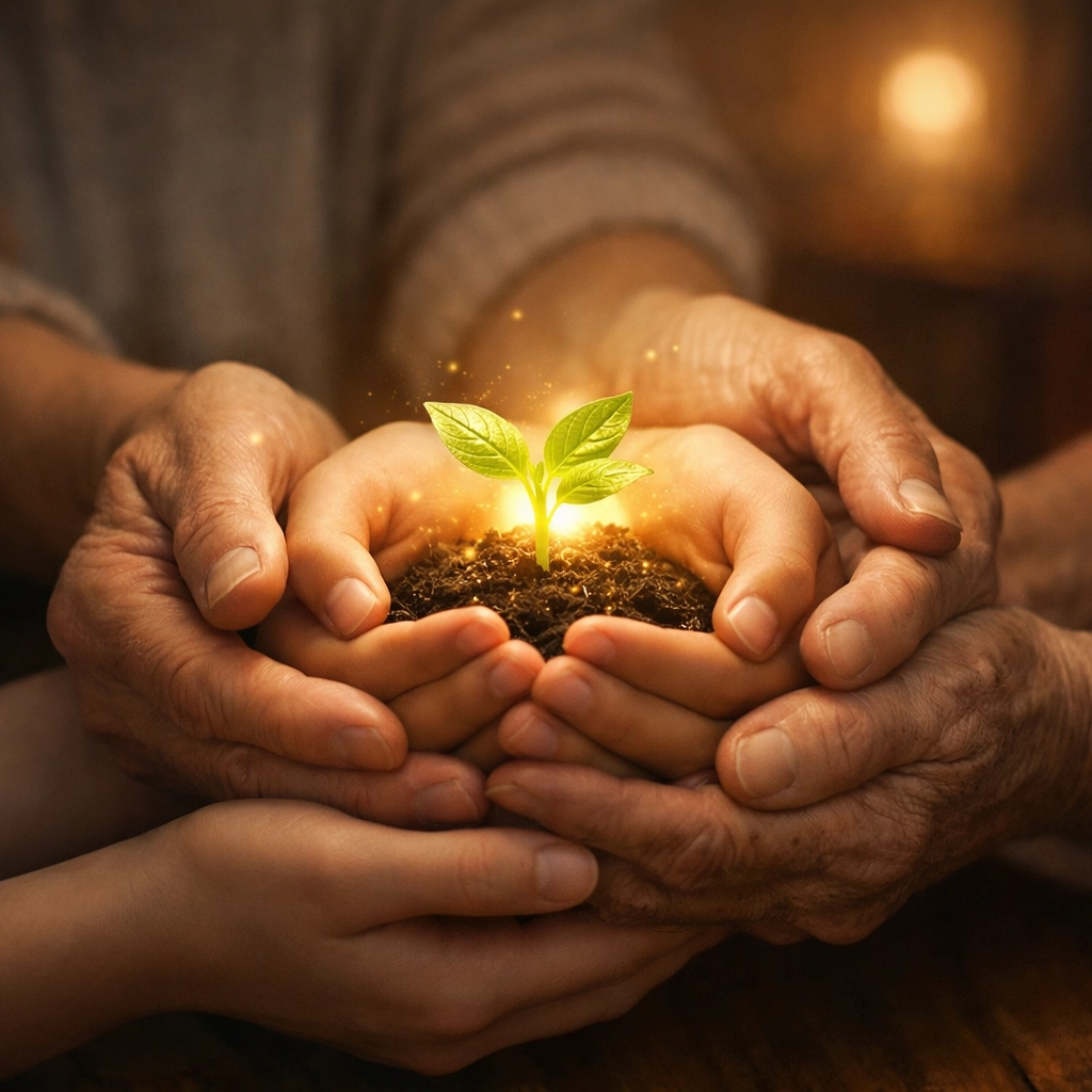 Hands of different generations supporting a growing plant, representing community and faith-based family therapy.