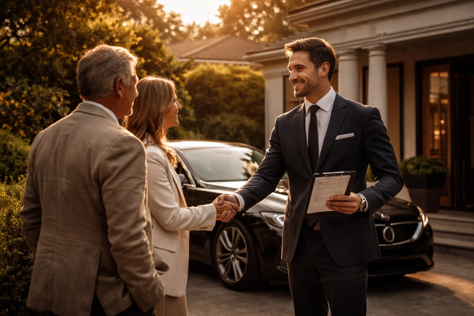 Concierge-style property advocate greeting clients at a prestige Melbourne home driveway, warm cinematic lighting