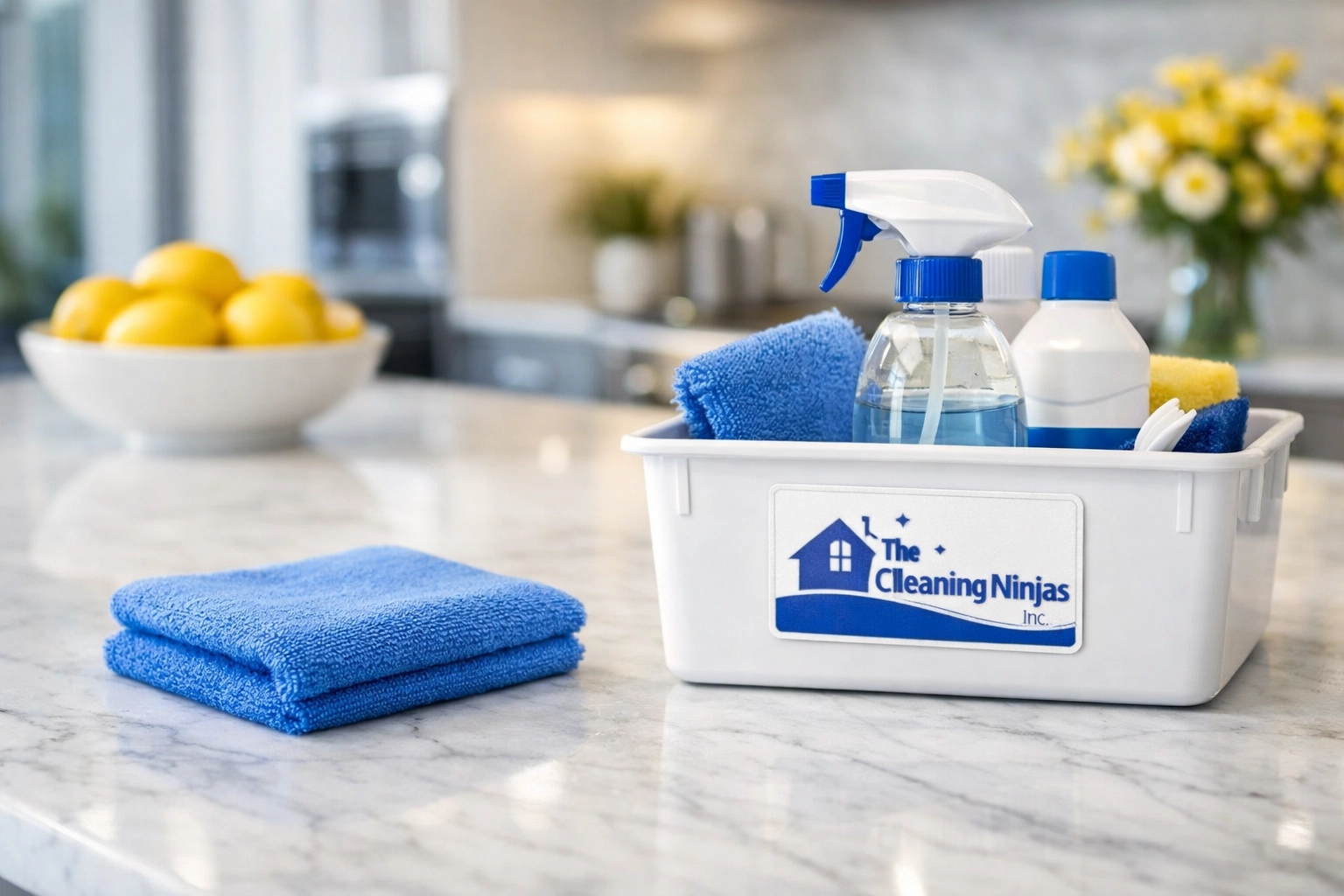 White marble countertop polished with a blue cloth during a bi weekly house cleaning maintenance visit.