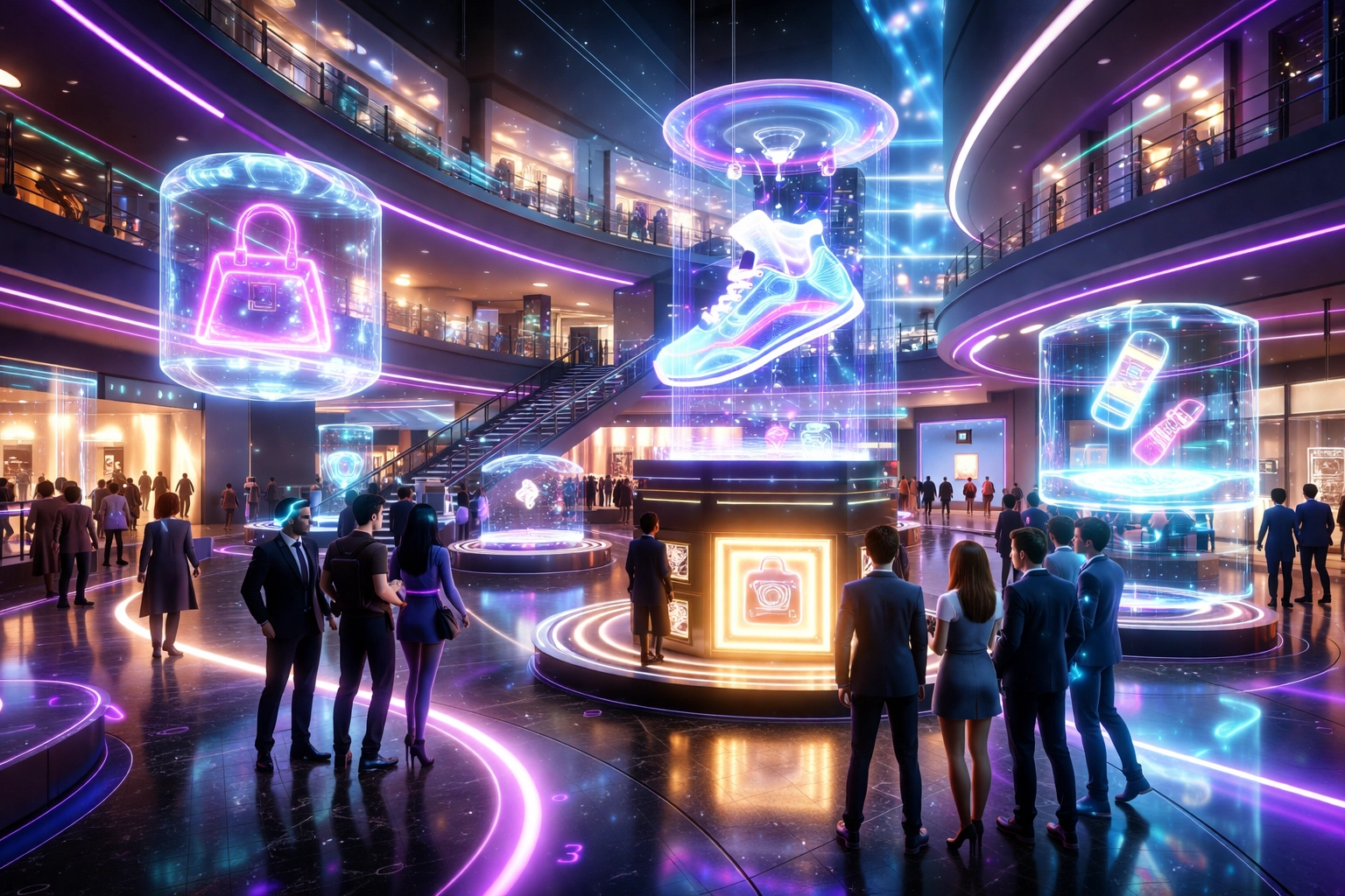Immersive virtual shopping mall in the metaverse with avatars browsing holographic product displays
