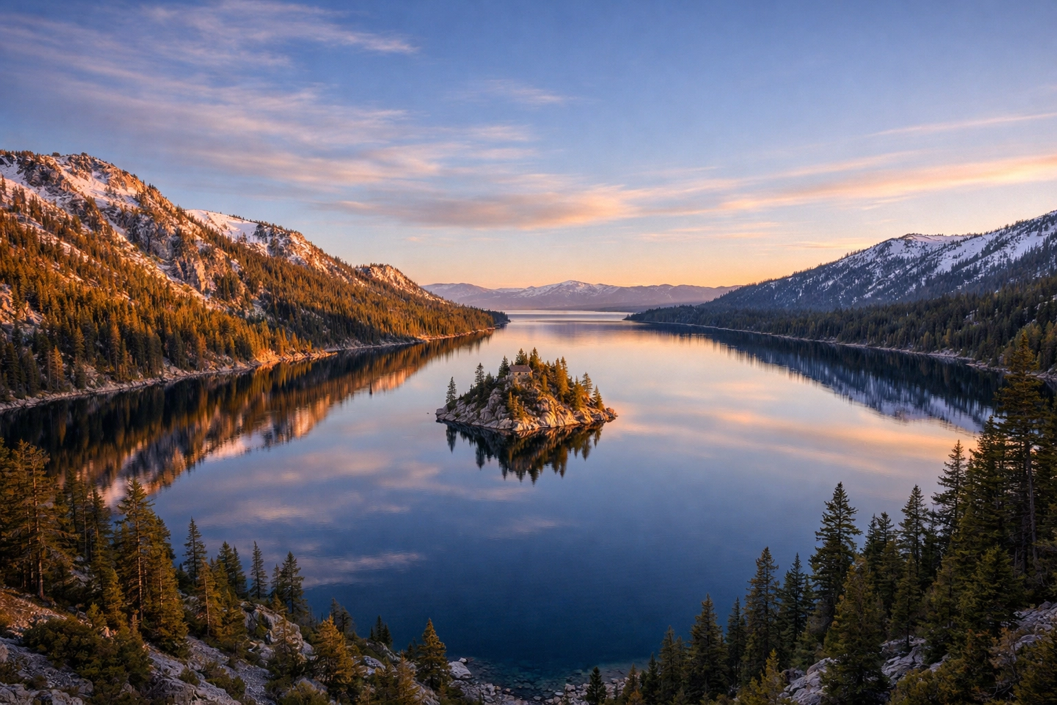 Sunrise over Emerald Bay at Lake Tahoe featuring Fannette Island and the Sierra Nevada mountains.