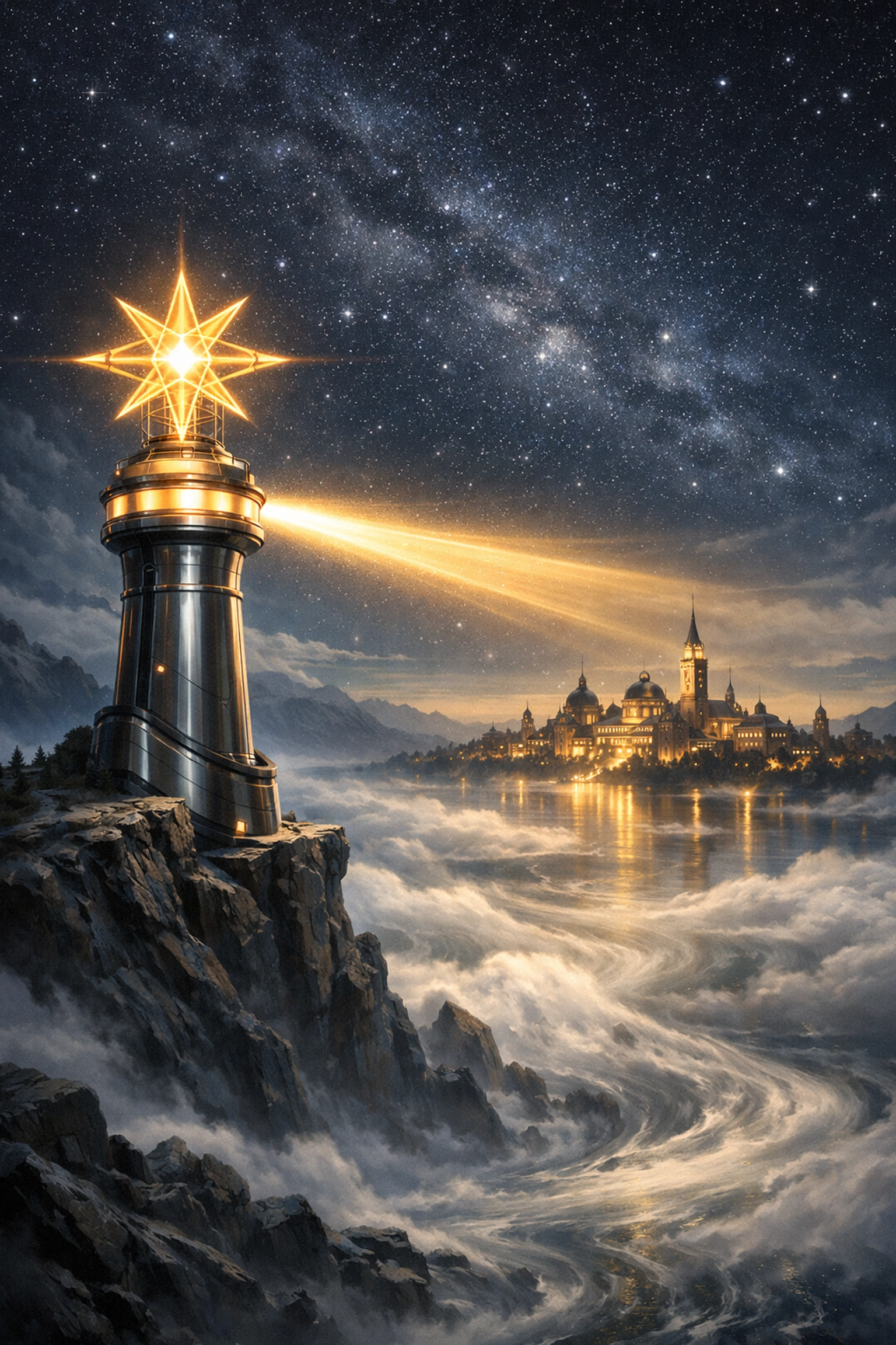 A lighthouse beam guiding a student to a top university, symbolizing expert admissions consulting and academic tutoring.