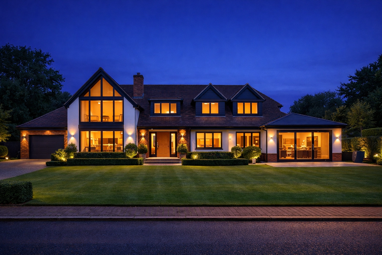 A well-maintained Woking home at twilight, representing high property value and lower interest rate options.