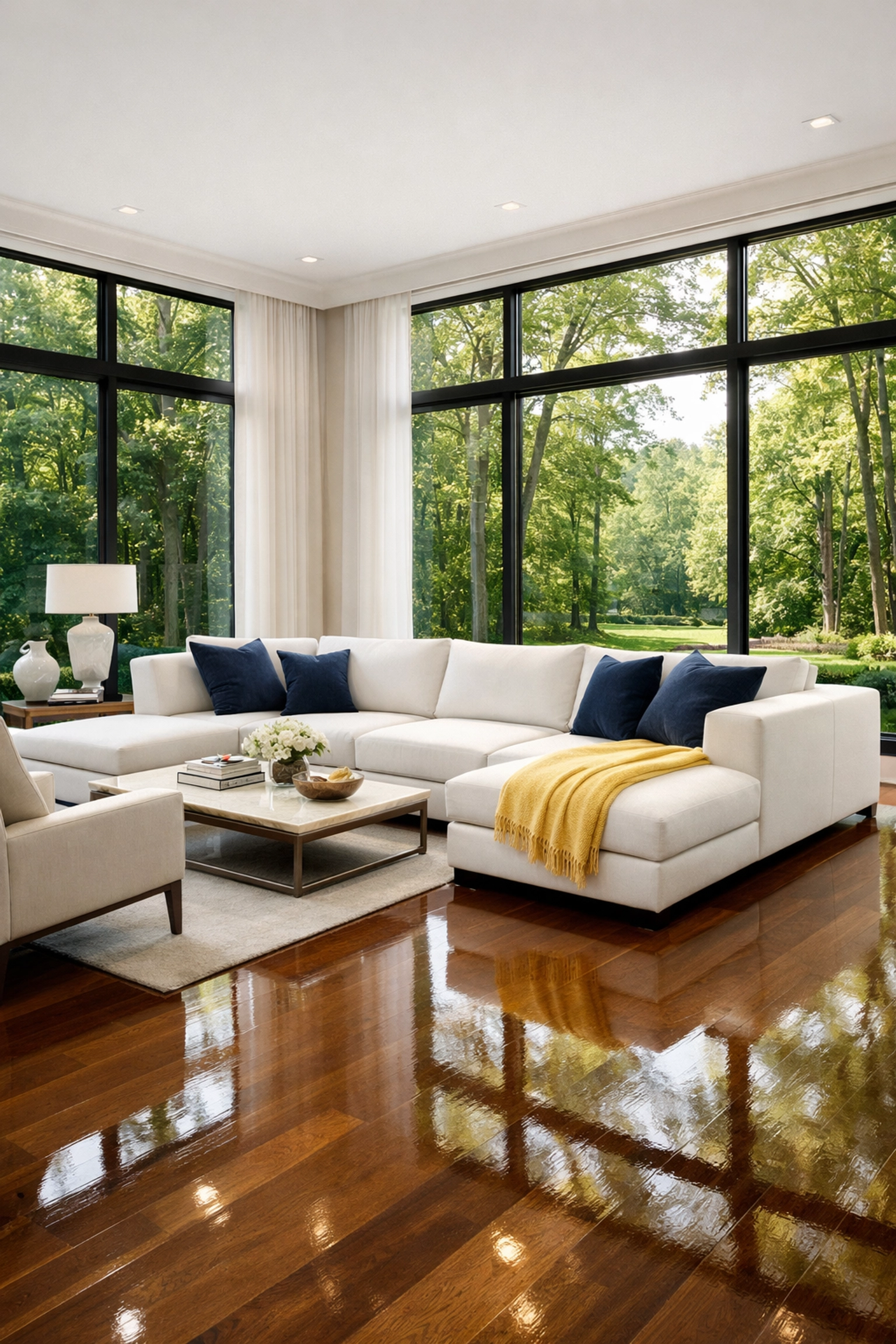 Pristine living room in a Lincoln MA estate following a professional bi-weekly house cleaning service.