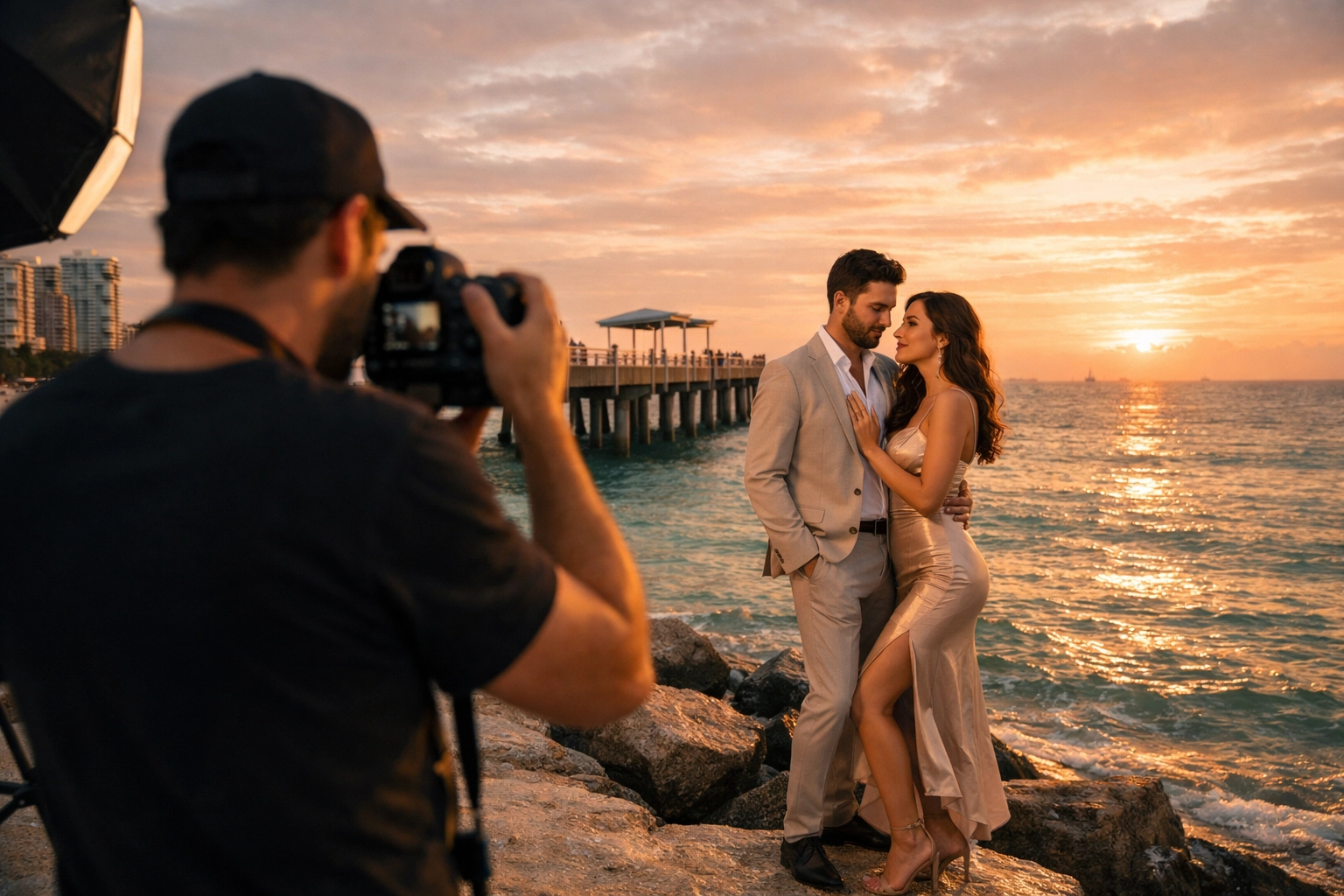 Professional Miami photographer shooting a couple at South Pointe Park during golden hour.