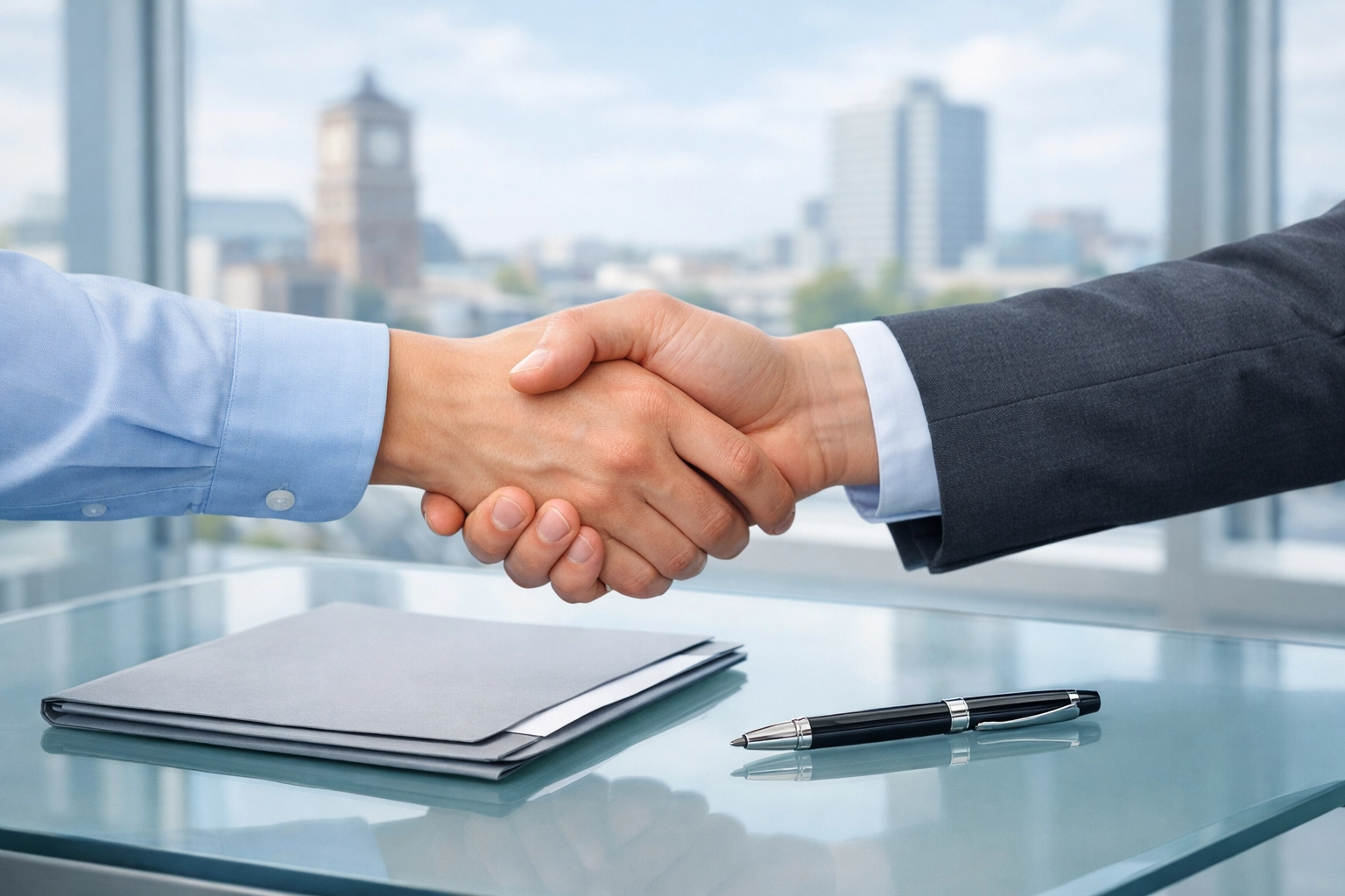 A professional mortgage broker in Woking shaking hands with a client after a successful remortgage.