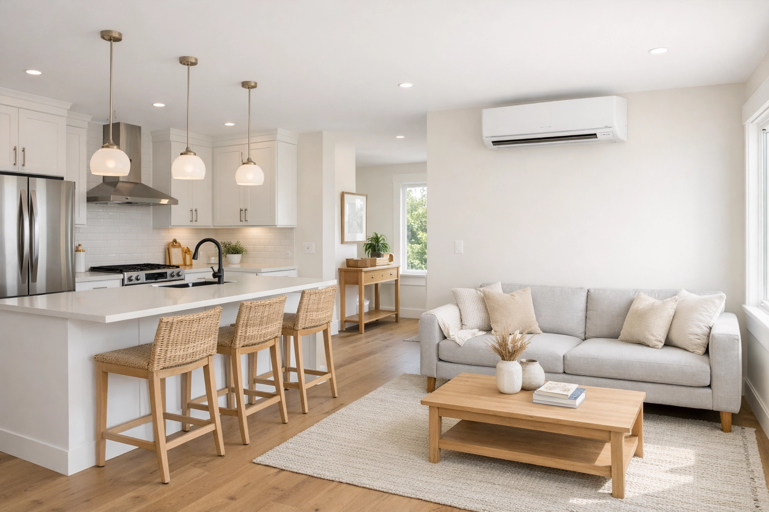 Modern Portland home interior with a mini-split, illustrating electrical load before an EV charger install.