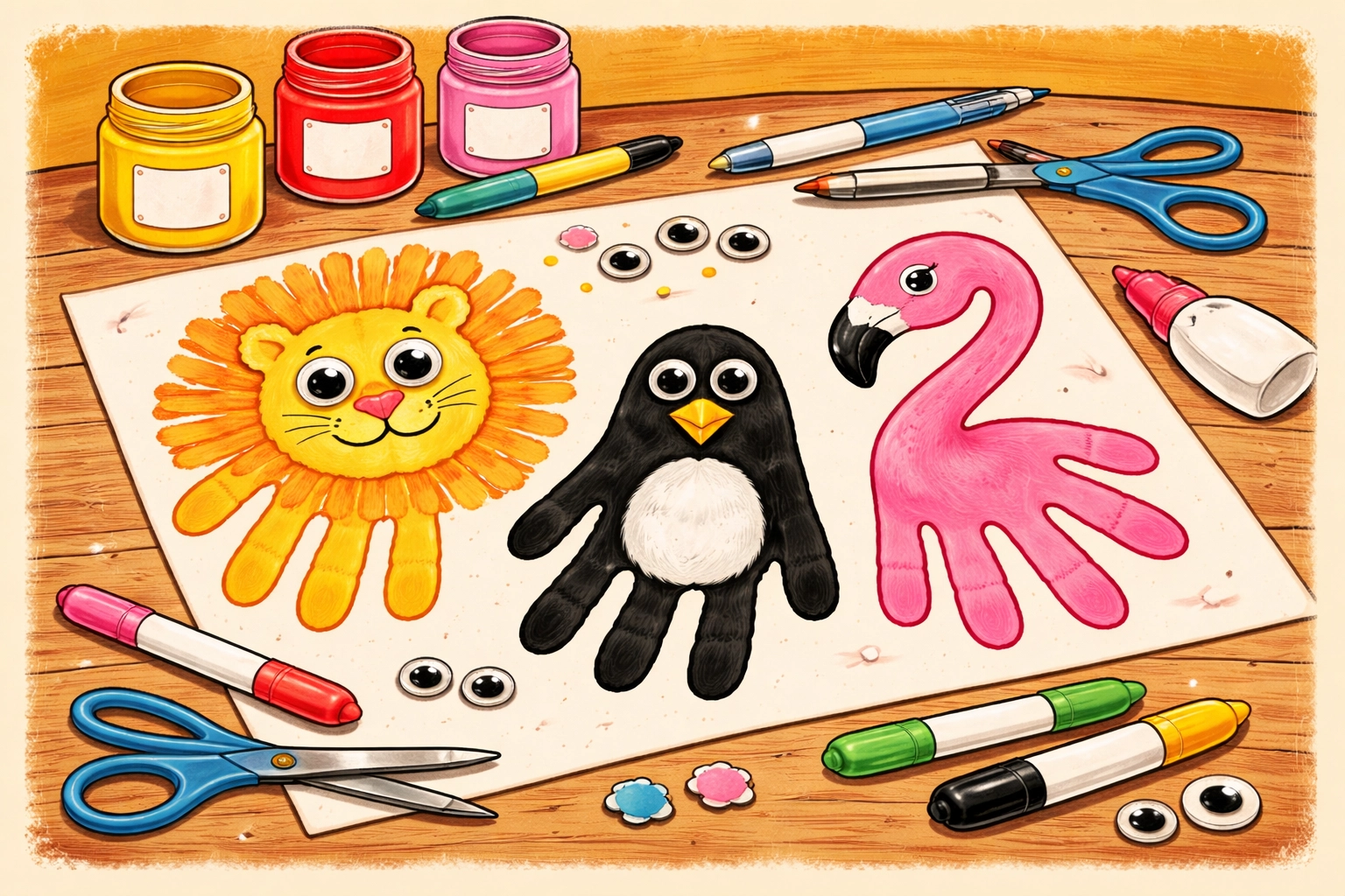 A table displays finished handprint animal art, including a lion, penguin, and flamingo for kids' crafts.