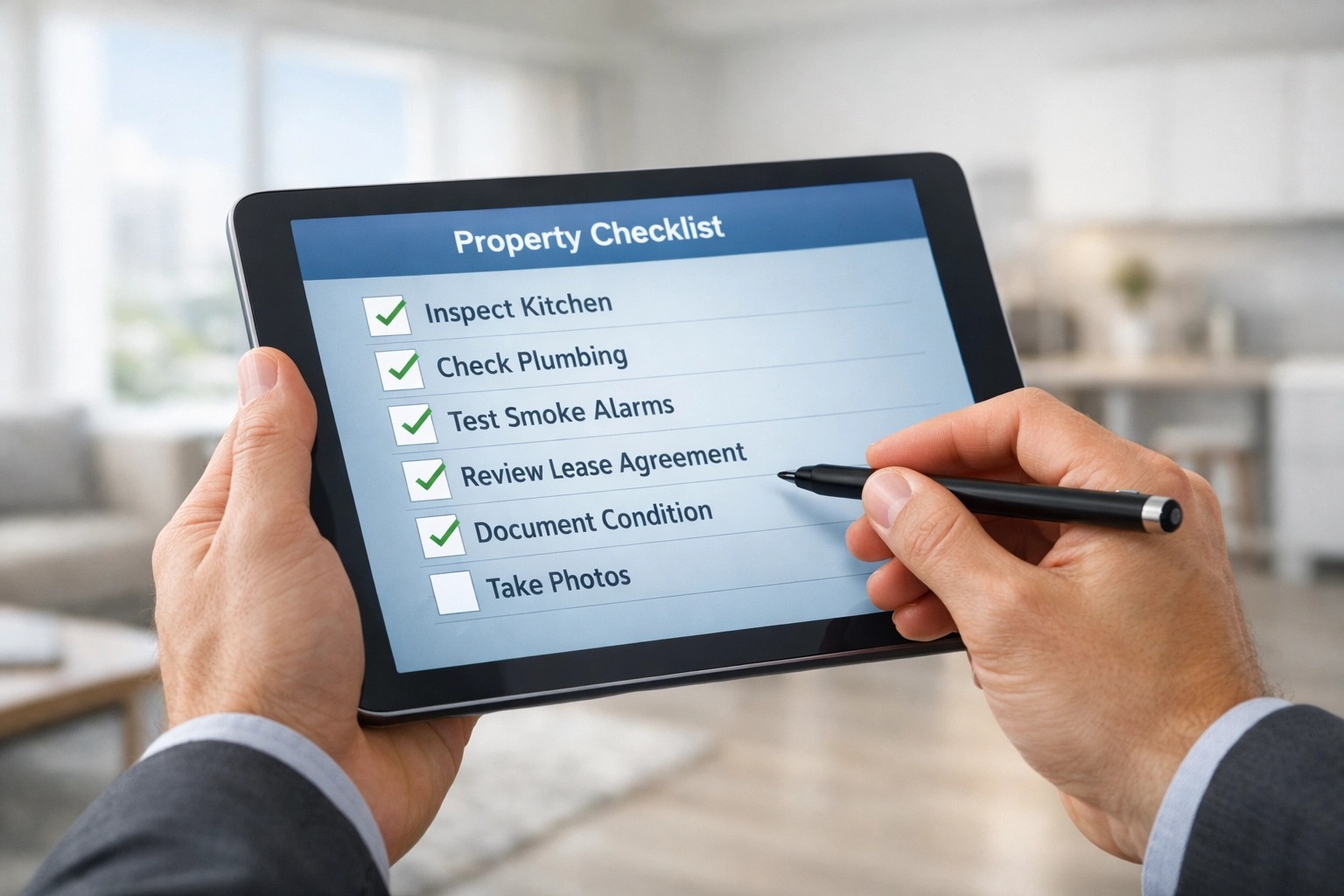 Property manager using digital checklist for apartment turnover inspection