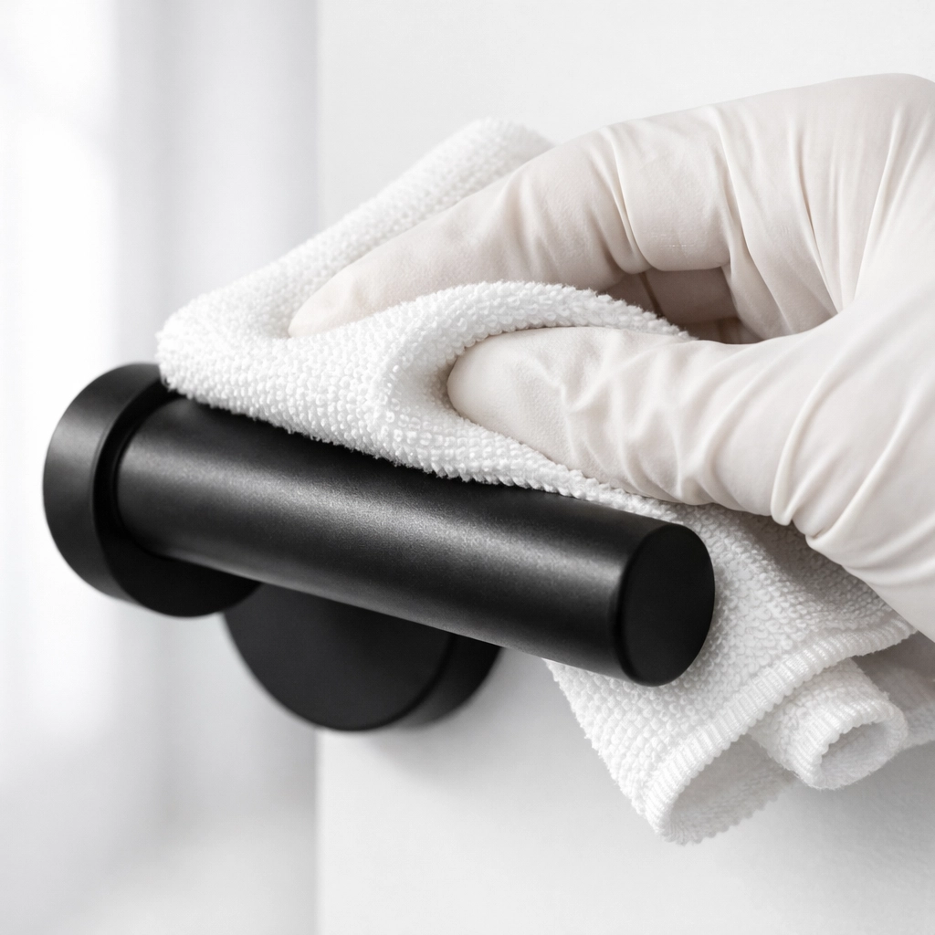 Professional cleaner sanitizing a modern door handle as part of a high-touch point cleaning checklist.