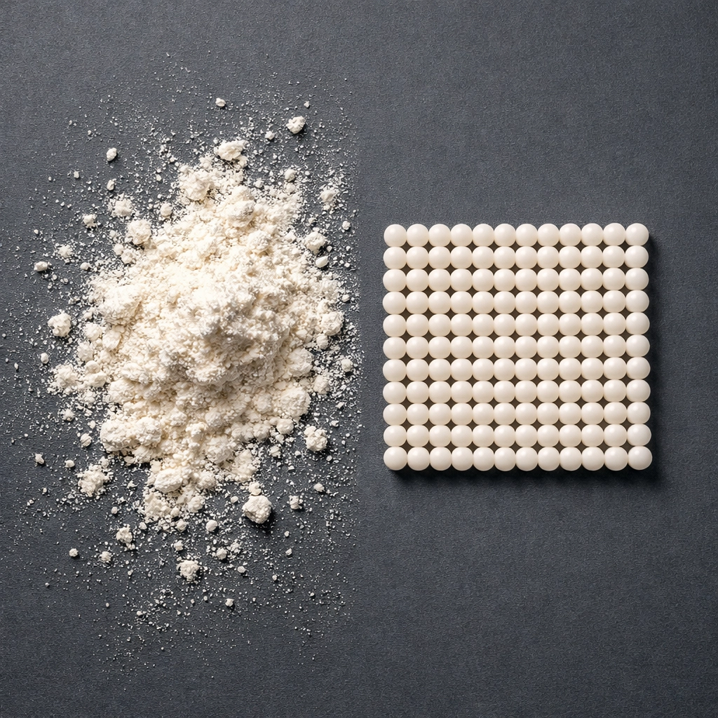 Uniform, dust-free feed enzyme granules contrasted with messy powder to show superior flowability and mixing.