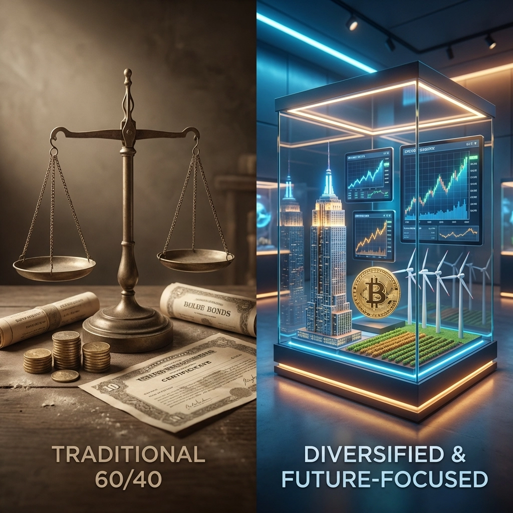 Split image contrasting outdated 60/40 portfolio assets with modern diversified alternatives like real estate and Bitcoin.