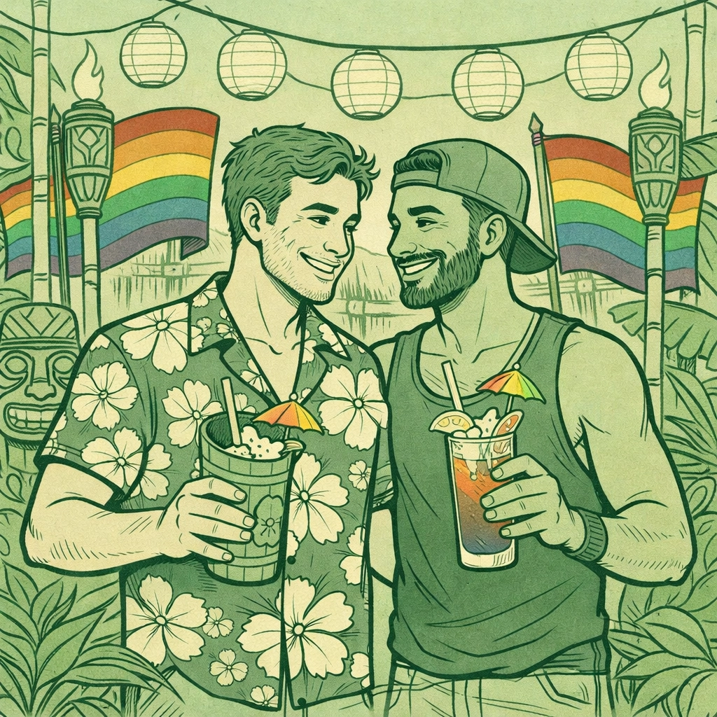 Gay men at modern tiki-themed Pride event with rainbow flags and tropical decorations