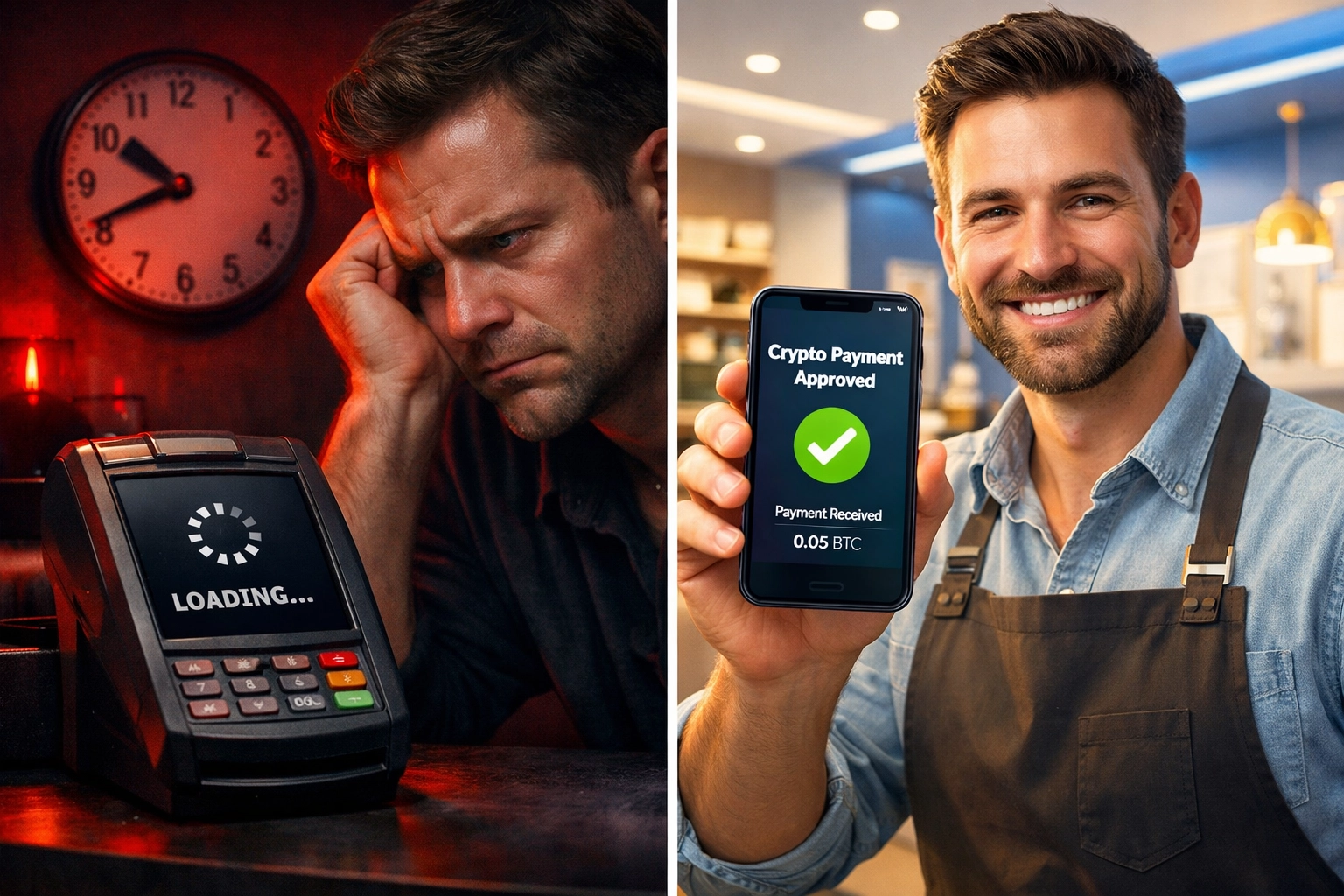 Crypto payment processing comparison: slow transaction wait time versus instant settlement confirmation