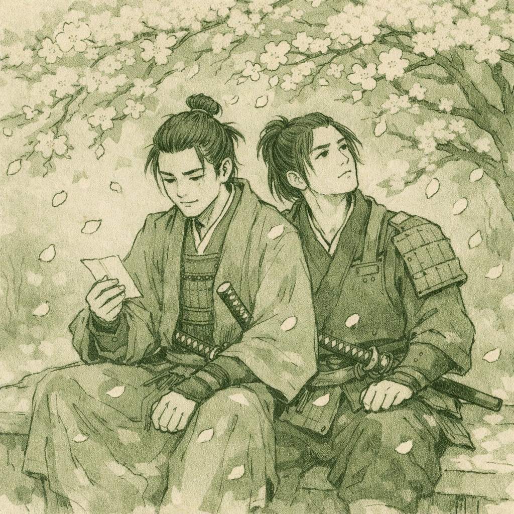Samurai lovers sharing poetry under cherry blossoms during hanami season in feudal Japan