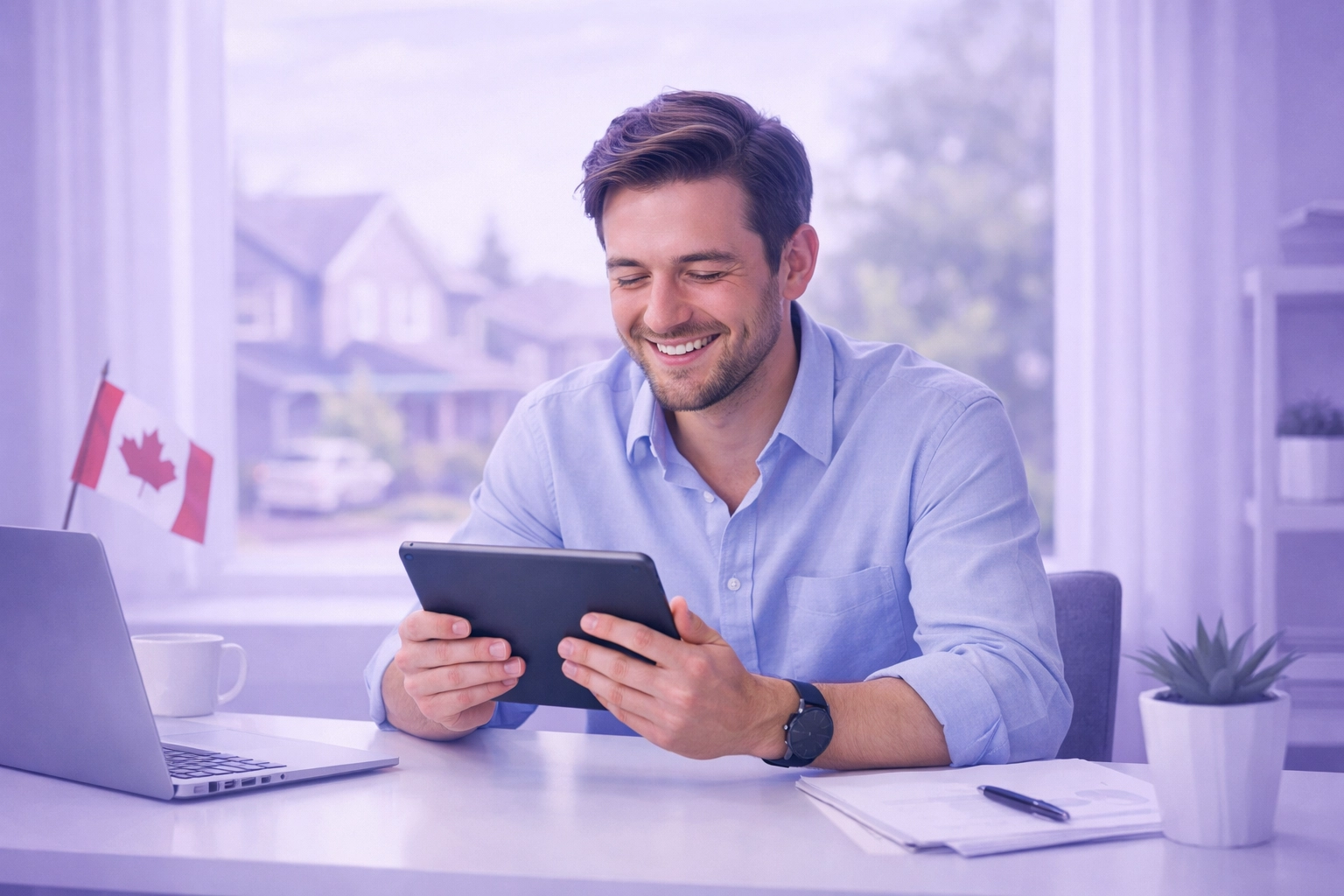 Relieved Canadian professional reviewing payday loan terms and conditions in a bright home office.
