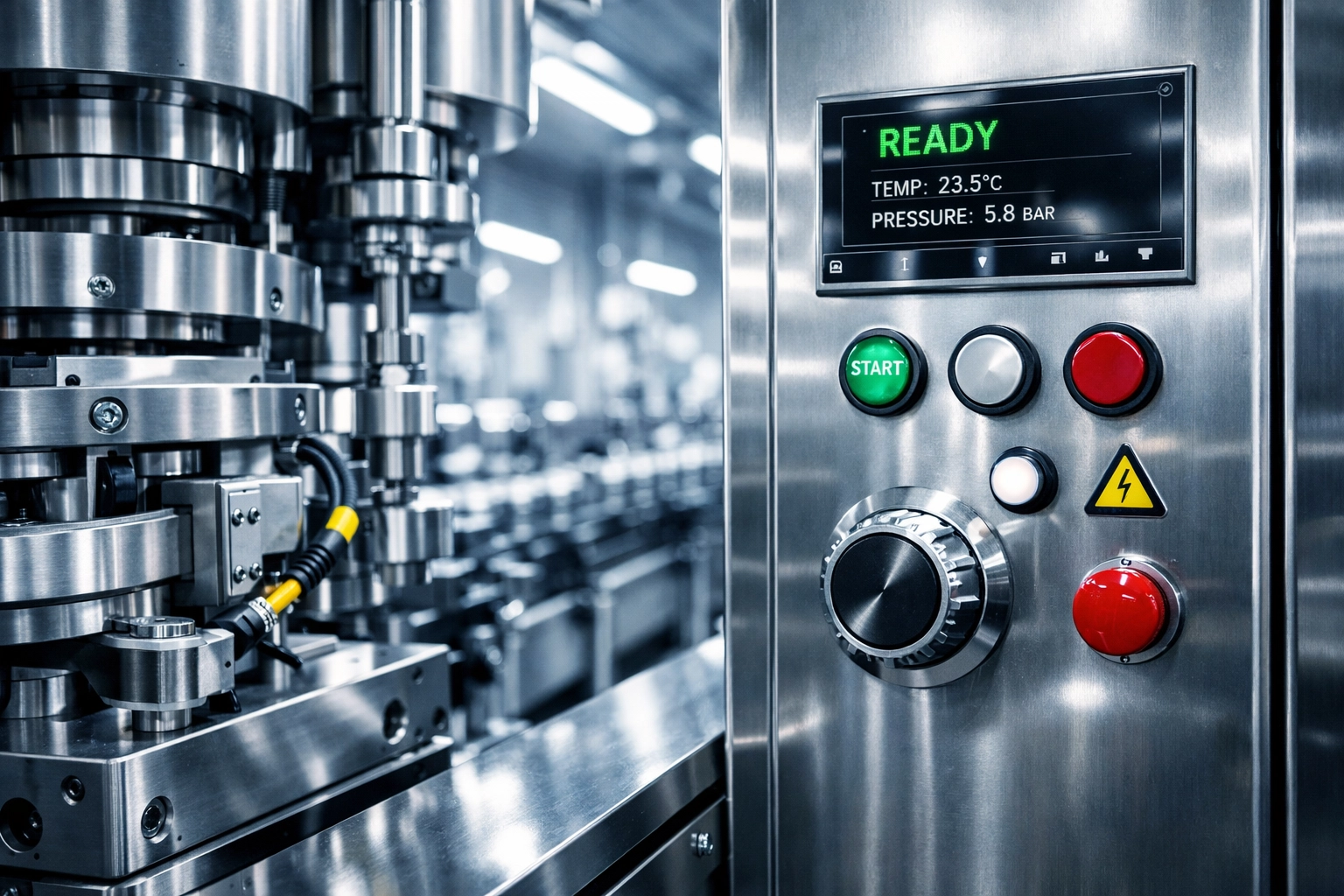 Sanitized industrial machinery and stainless steel control panel in a professionally cleaned Taunton facility.