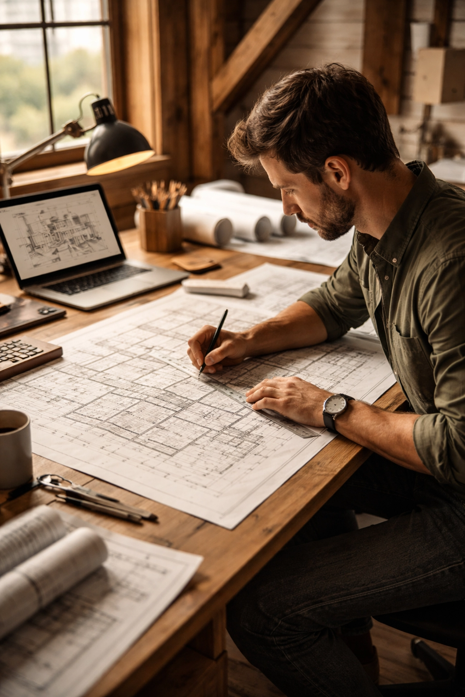 Architect reviewing Ontario building permit plans with natural timber frame details in a rustic workspace