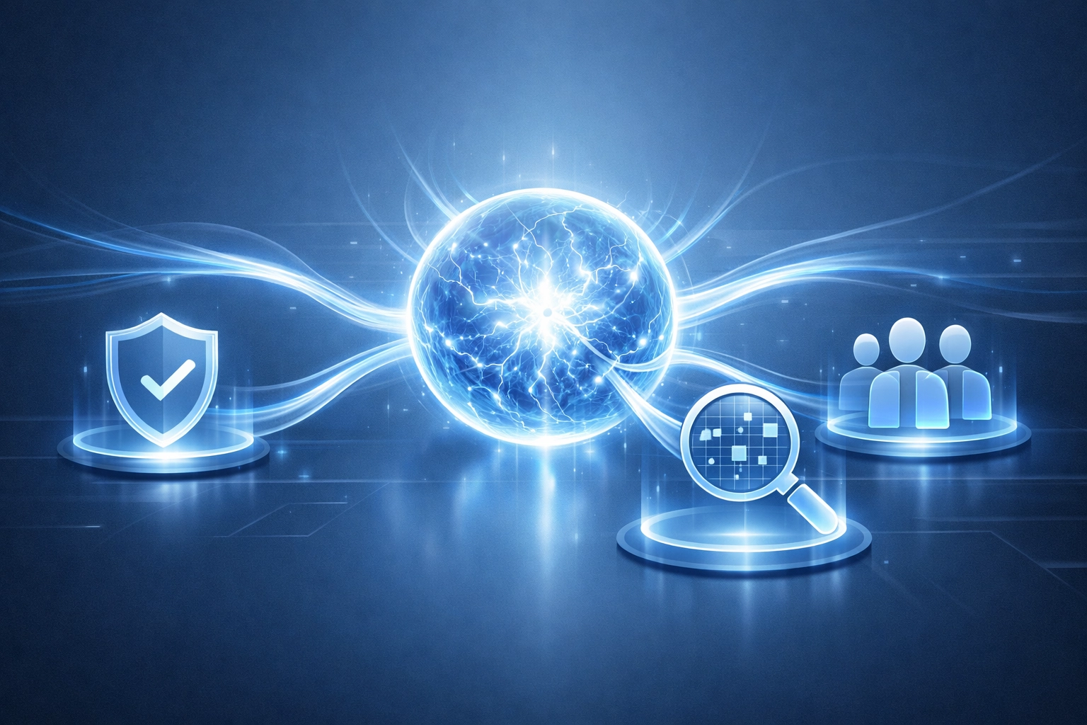 Cybersecurity budget allocation represented by glowing digital streams flowing into protective shield and data icons.