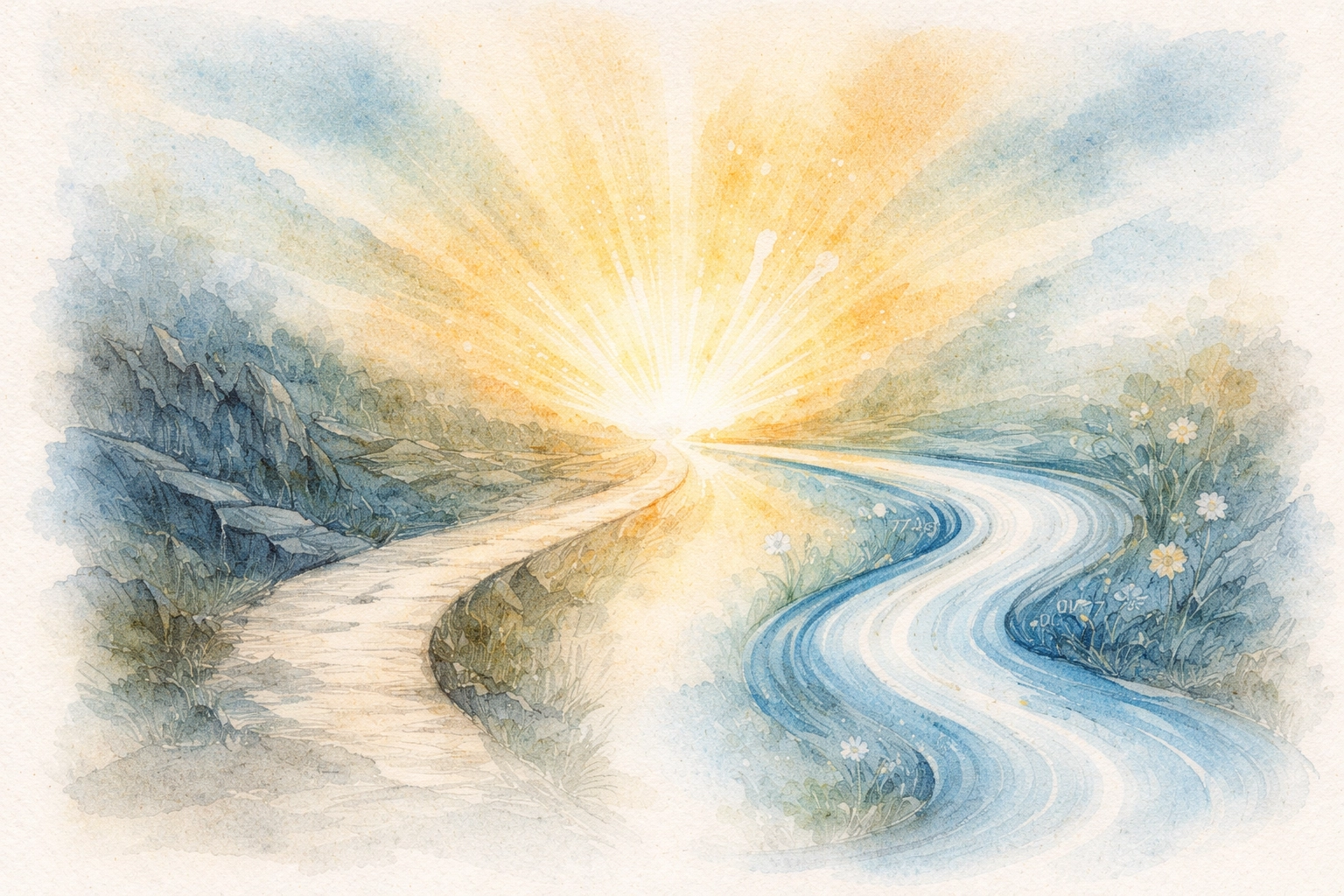 Watercolor illustration showing two paths merging, symbolizing balanced leadership through truth and grace.