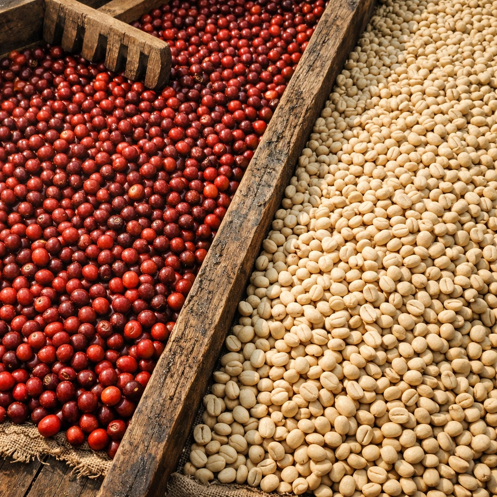 Comparison of coffee processing methods with ripe red cherries and washed speciality beans drying.