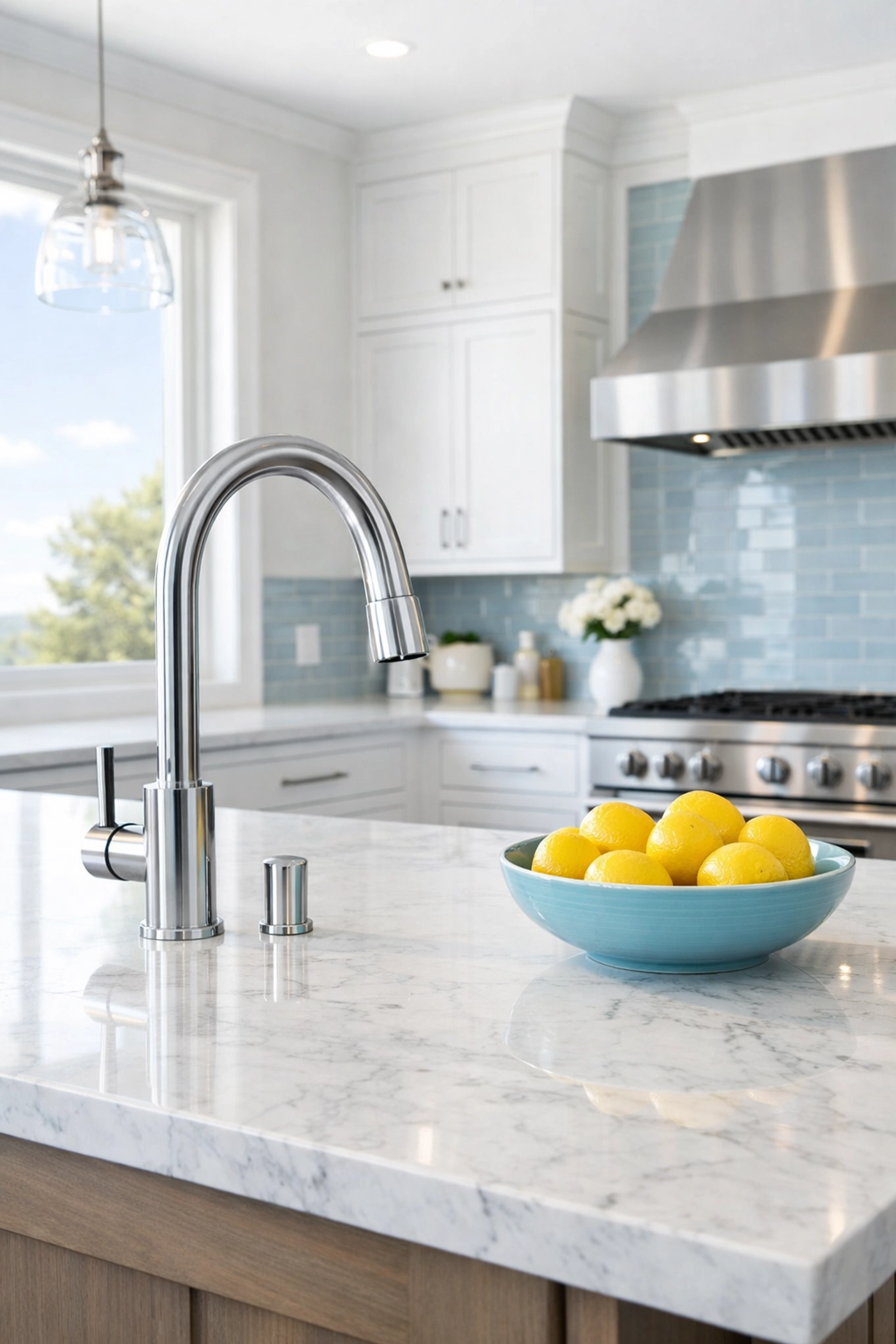 Professional deep cleaning Littleton kitchen with a spotless marble island and clean cabinetry.