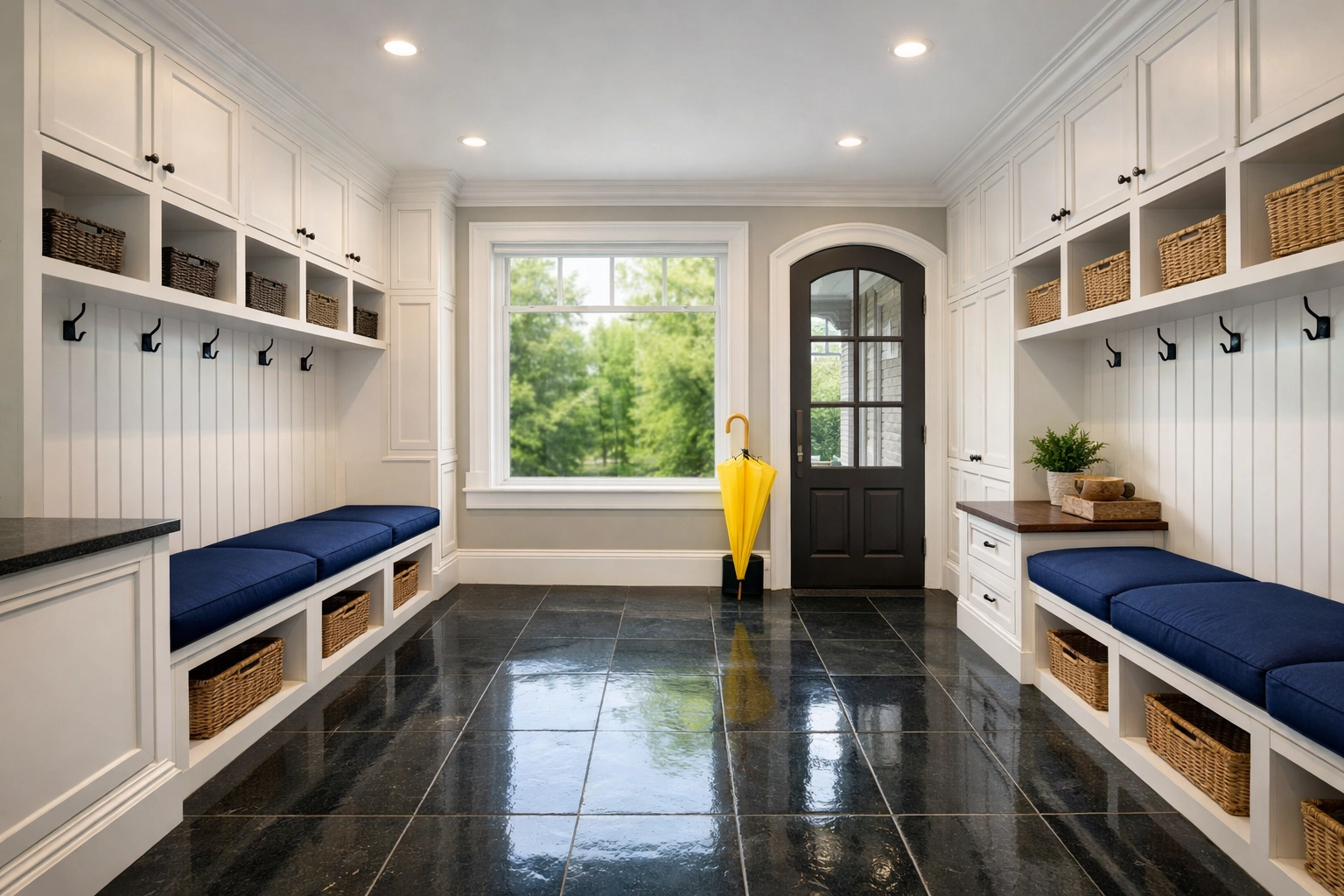 Spotless mudroom with polished slate floors and custom cabinetry, a key Hopkinton cleaning secret for home protection.