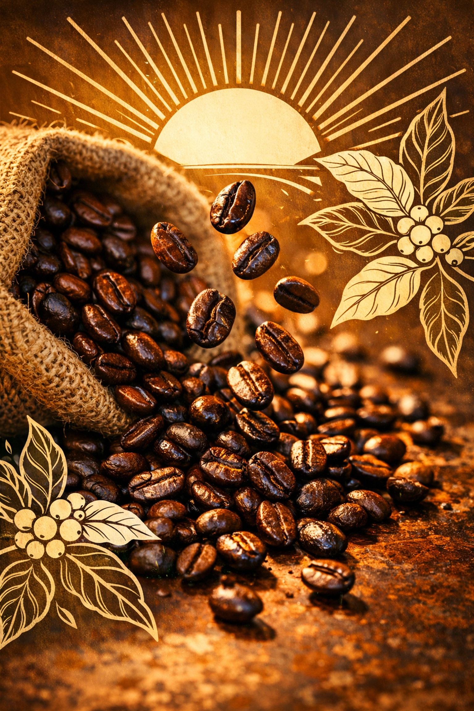 Fresh-roasted whole coffee beans falling from a sack, perfect for specialty coffee bean recipes.