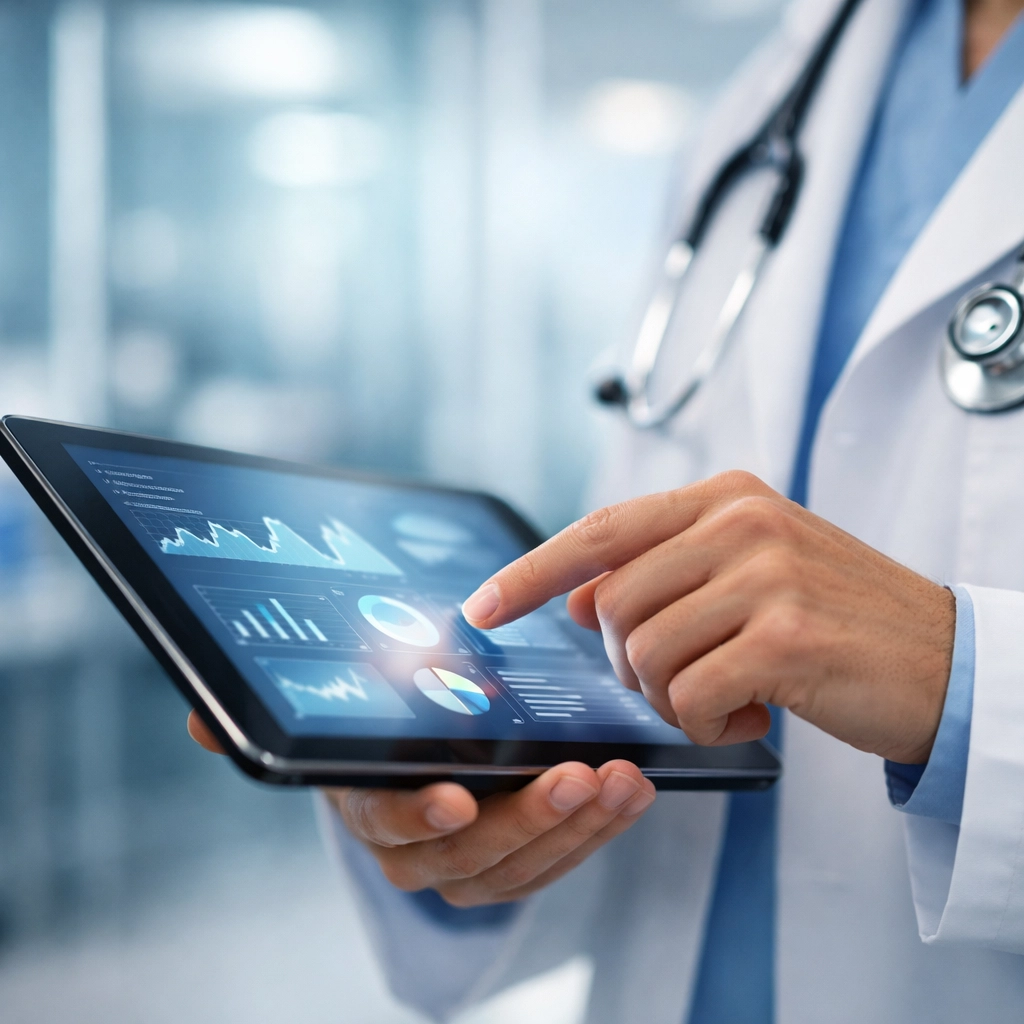 Clinician using medical dictation software on a tablet to maintain real-time Medicare compliant documentation.