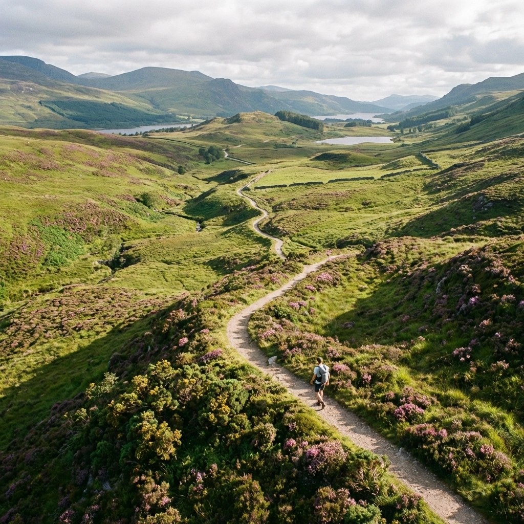 Aerial view of solo hiker on a Scottish Highlands trail, surrounded by green hills and heather, showcasing guided hiking tours UK