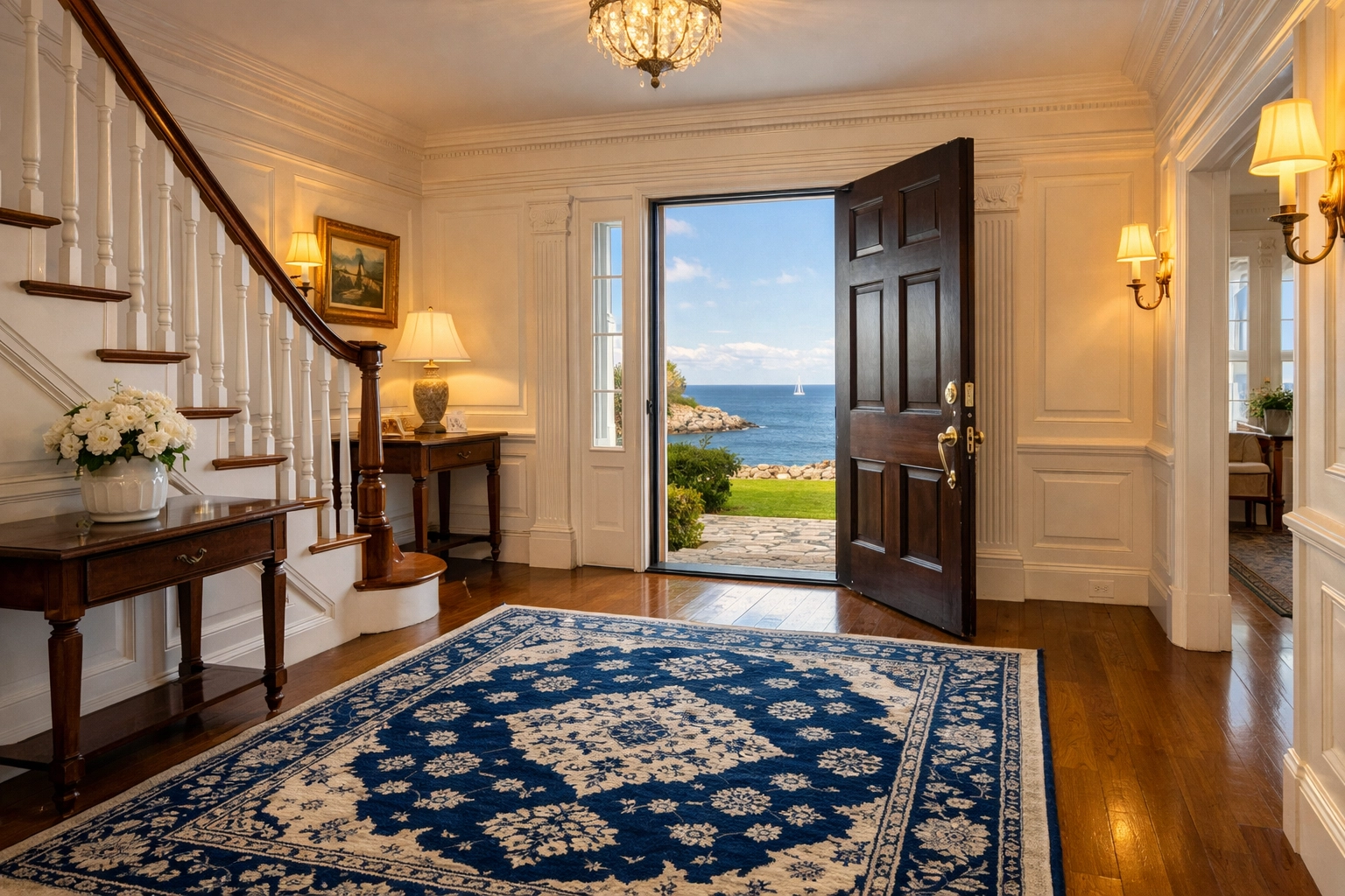 Immaculate grand foyer of a historic Marblehead home maintained by luxury cleaning professionals.