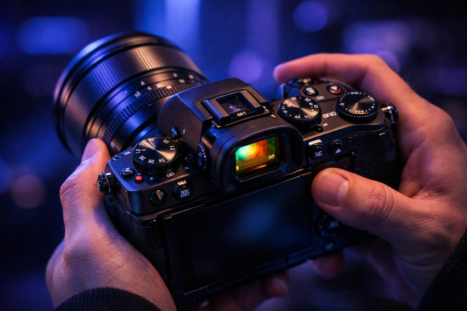 Close-up of a high-end mirrorless camera with manual dials and an ergonomic design for professional use.