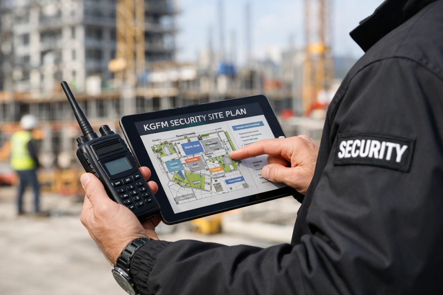 KGFM security supervisor using a tablet to manage a site security plan with personal supervision.