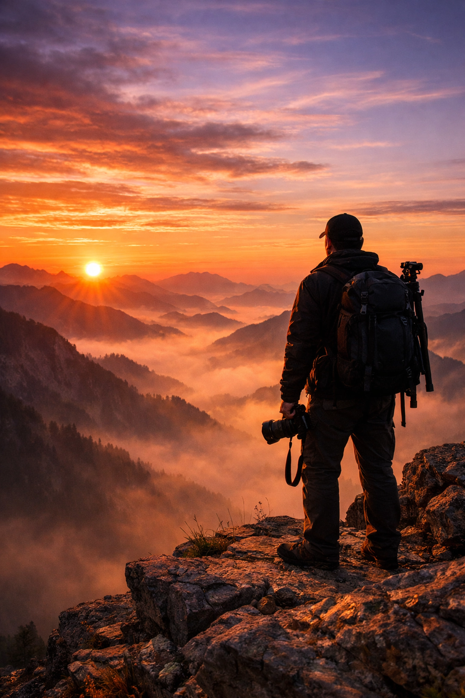 A photographer capturing a scenic mountain landscape, showcasing the rewards of a successful photography career.