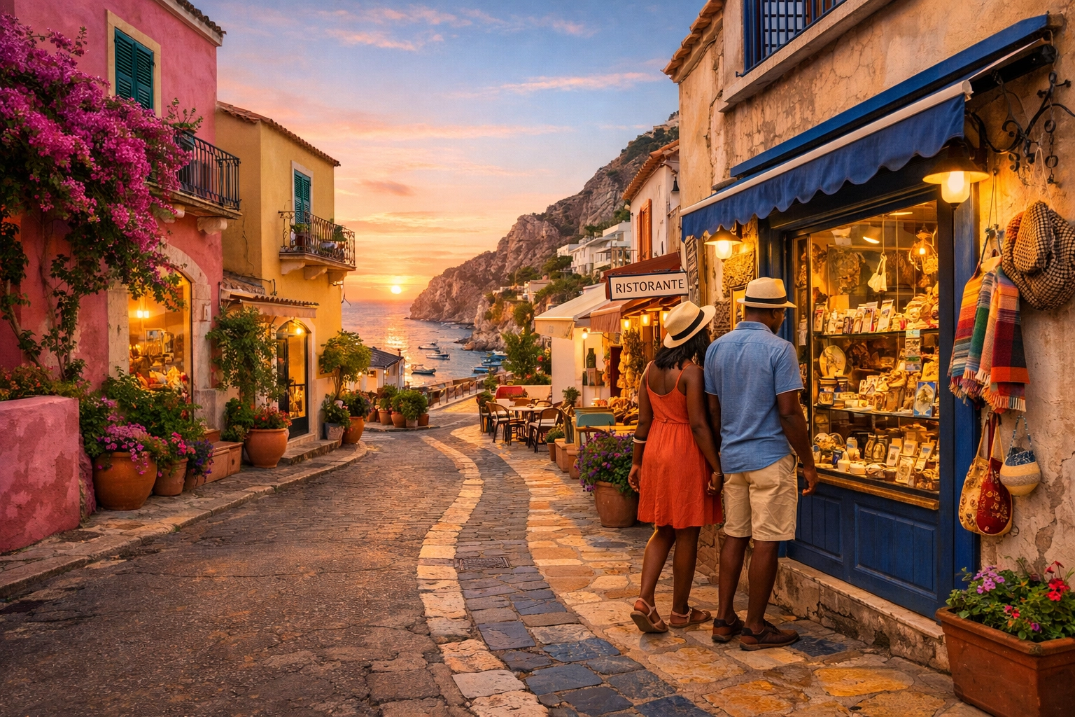 A couple walks through a Mediterranean village, highlighting the clarity of a custom travel itinerary.