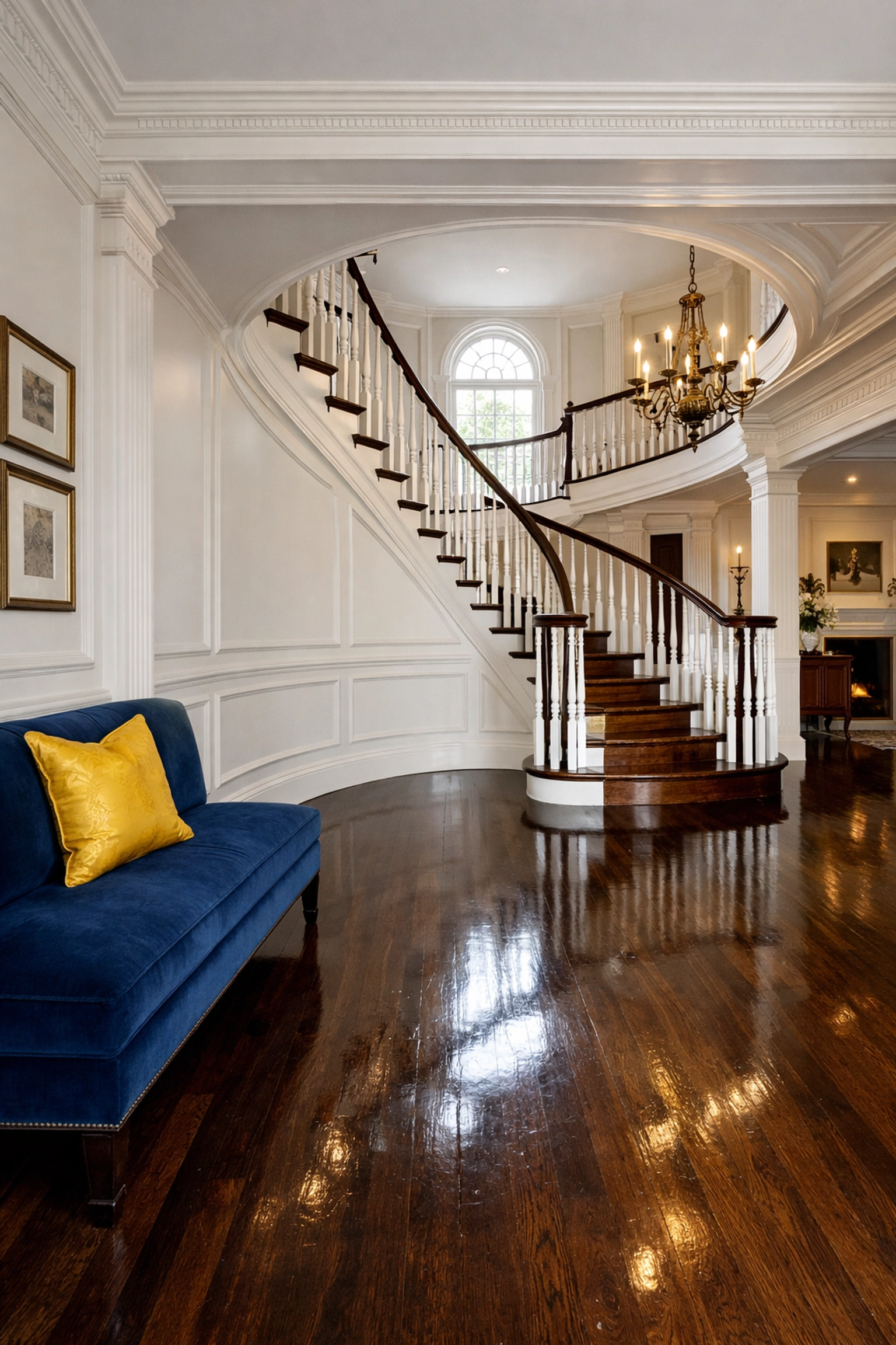 Pristine foyer of a historic Concord home with polished hardwood floors and high-end finishes.