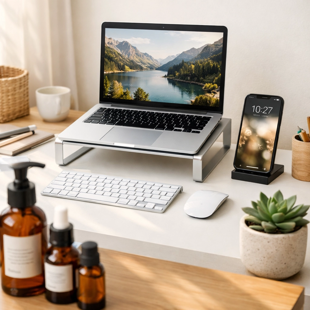 Ergonomic workspace with laptop at eye level and skincare products promoting proper posture and neck care