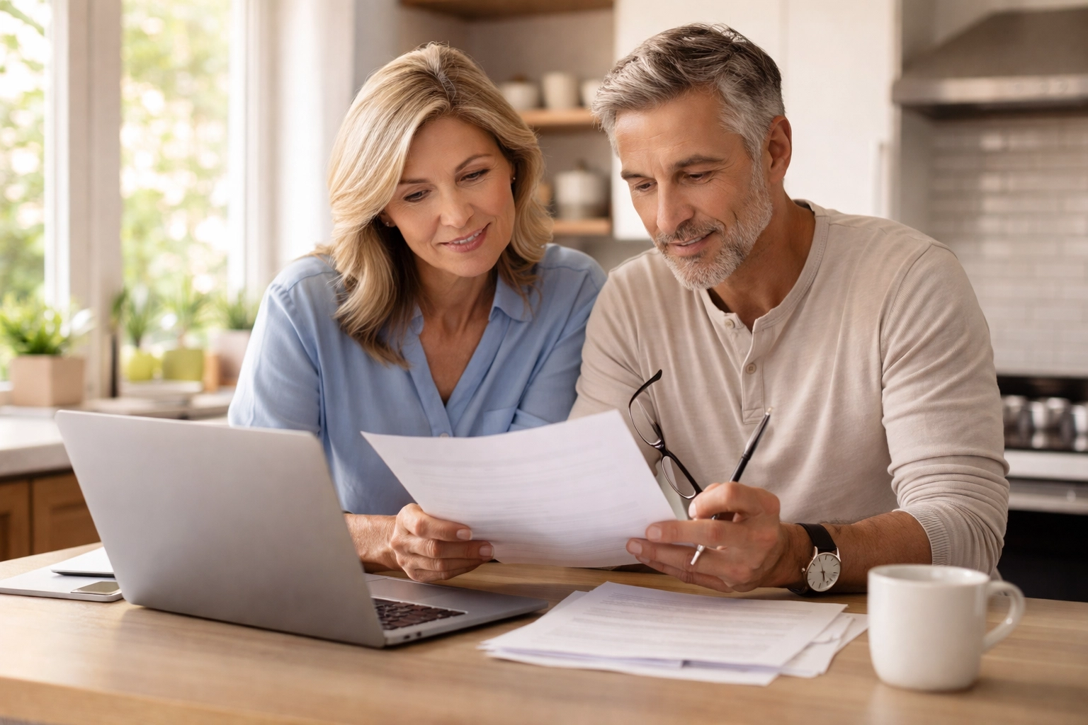 Couple reviewing life insurance policy options together at their kitchen table