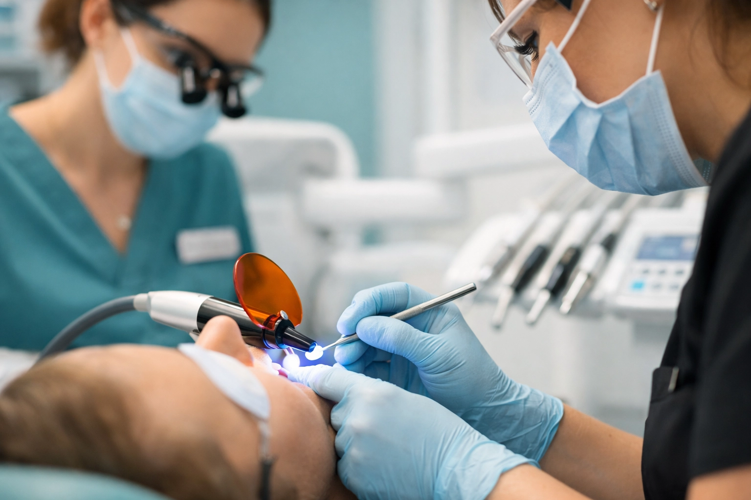 Dental nurse and therapist collaborating in a modern Birmingham clinic to improve practice throughput.