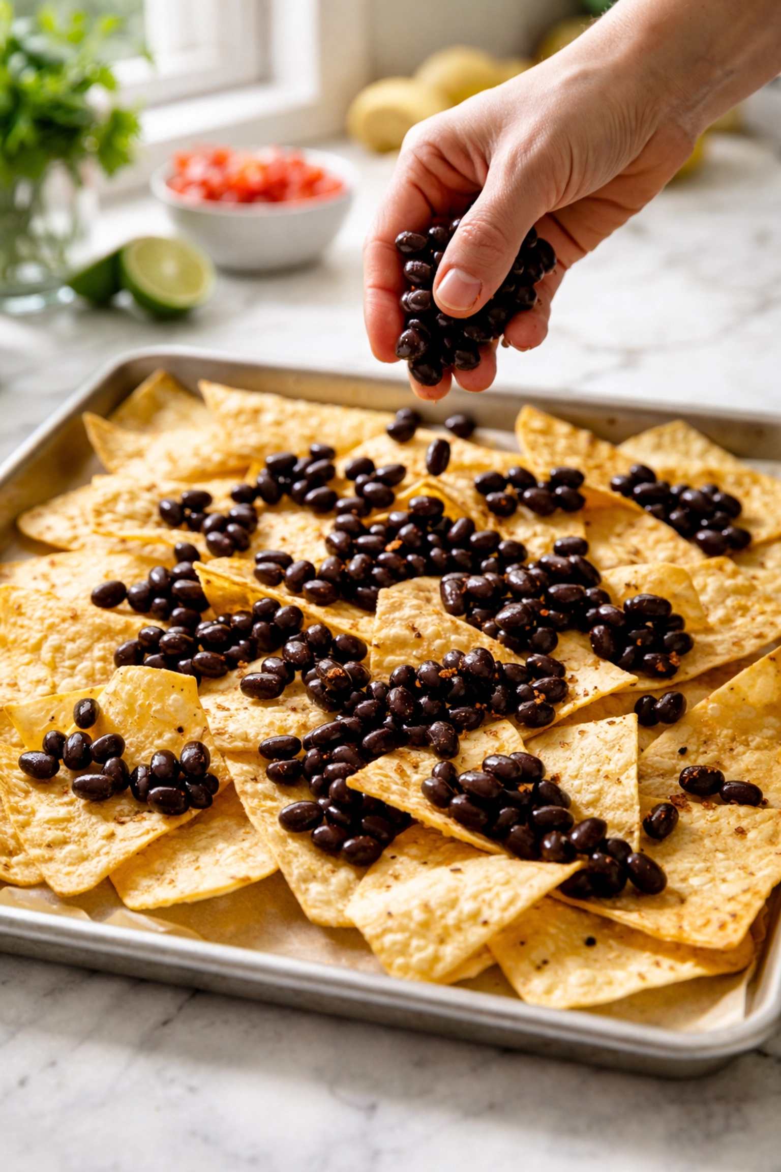 Quick 5-Ingredient Sheet Pan Nachos Sheet pan layered with tortilla chips topped with black beans, ready for homemade nachos in a bright kitchen